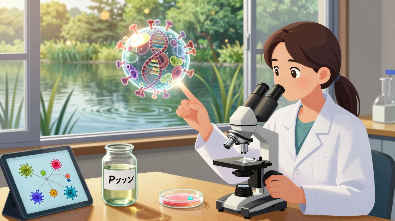 Kobieta naukowiec bada wirusa za pomocą mikroskopu i wizualizacji DNA w laboratorium przy oknie.