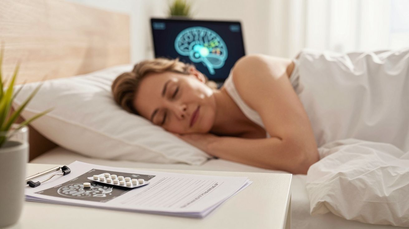 Kobieta śpiąca w łóżku, na stoliku następstwa leków i dokumenty medyczne z obrazem mózgu.