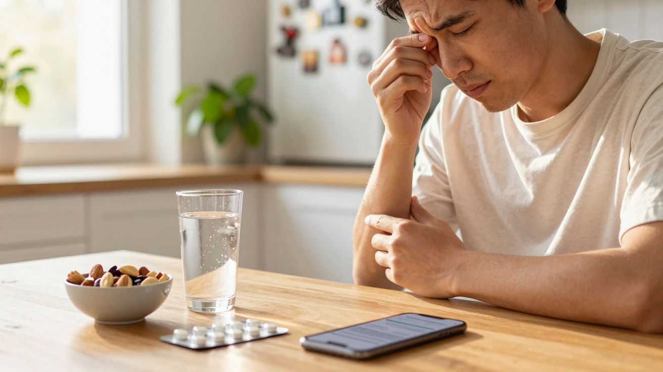 Siedzący mężczyzna trzymający się za głowę, wyglądający na zmęczonego, obok szklanka wody, tabletki i miska orzechów.