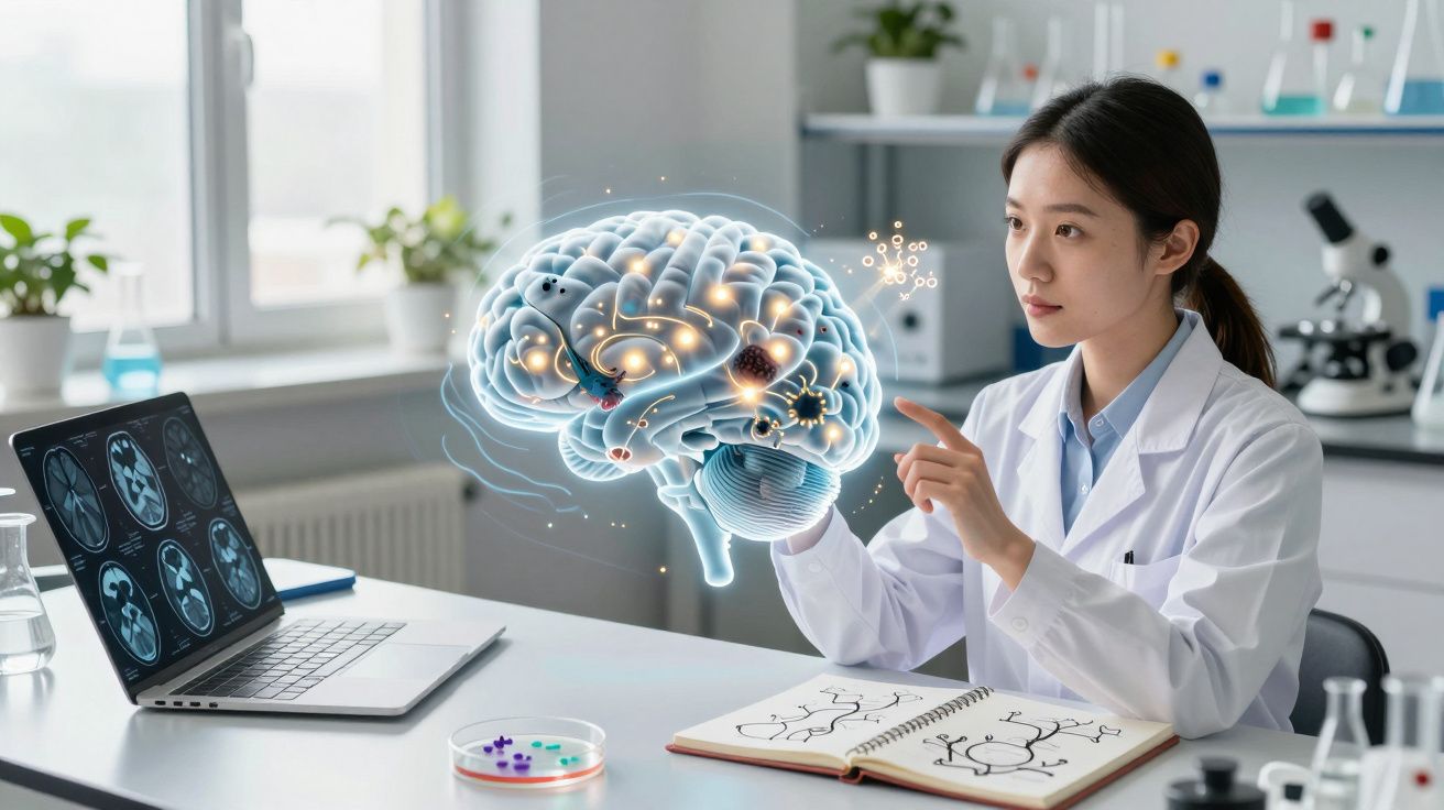 Naukowiec w laboratorium analizujący holograficzny model mózgu przy laptopie i notatniku.