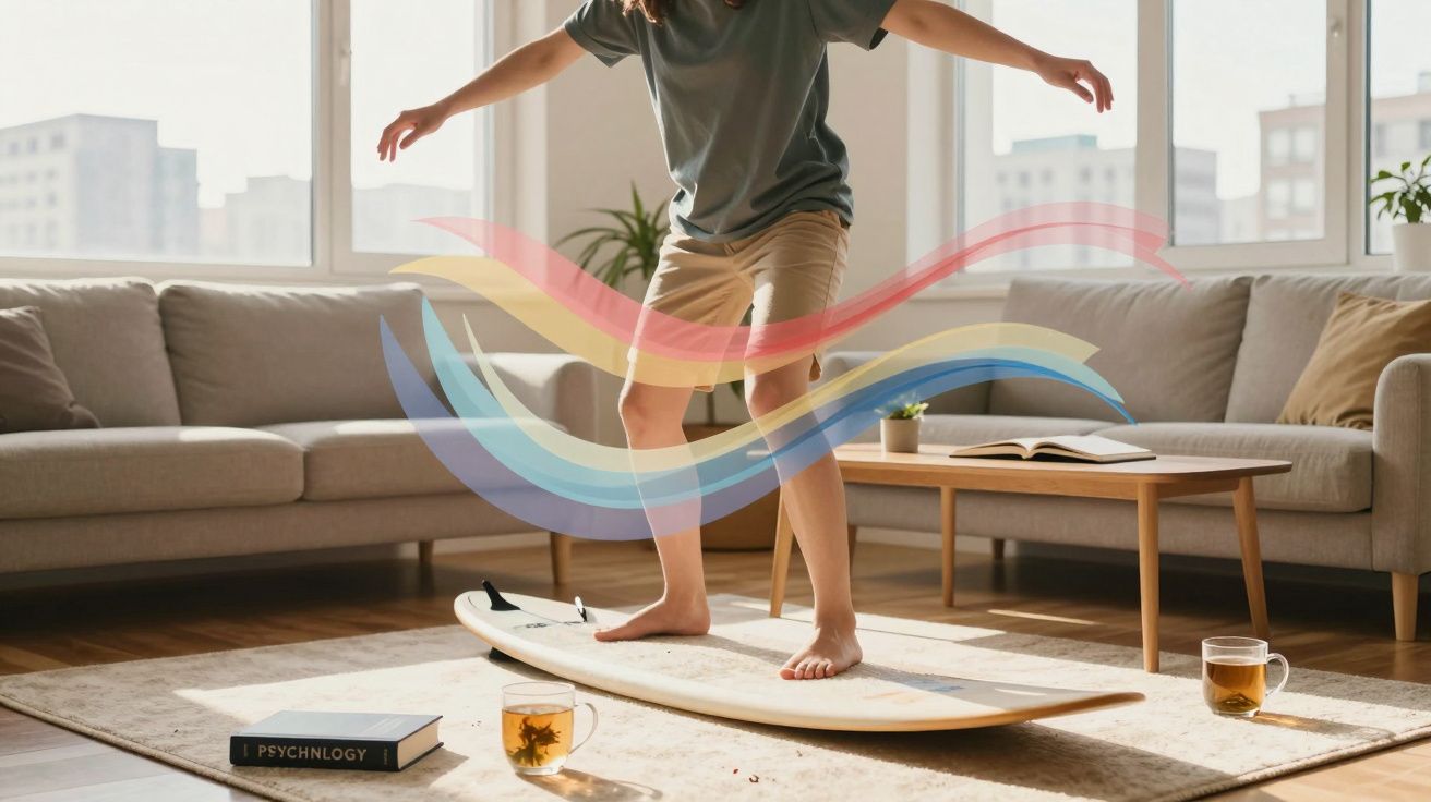 Osoba ćwicząca na desce do balansowania w salonie z herbatą, książką i dużą sofą w tle.