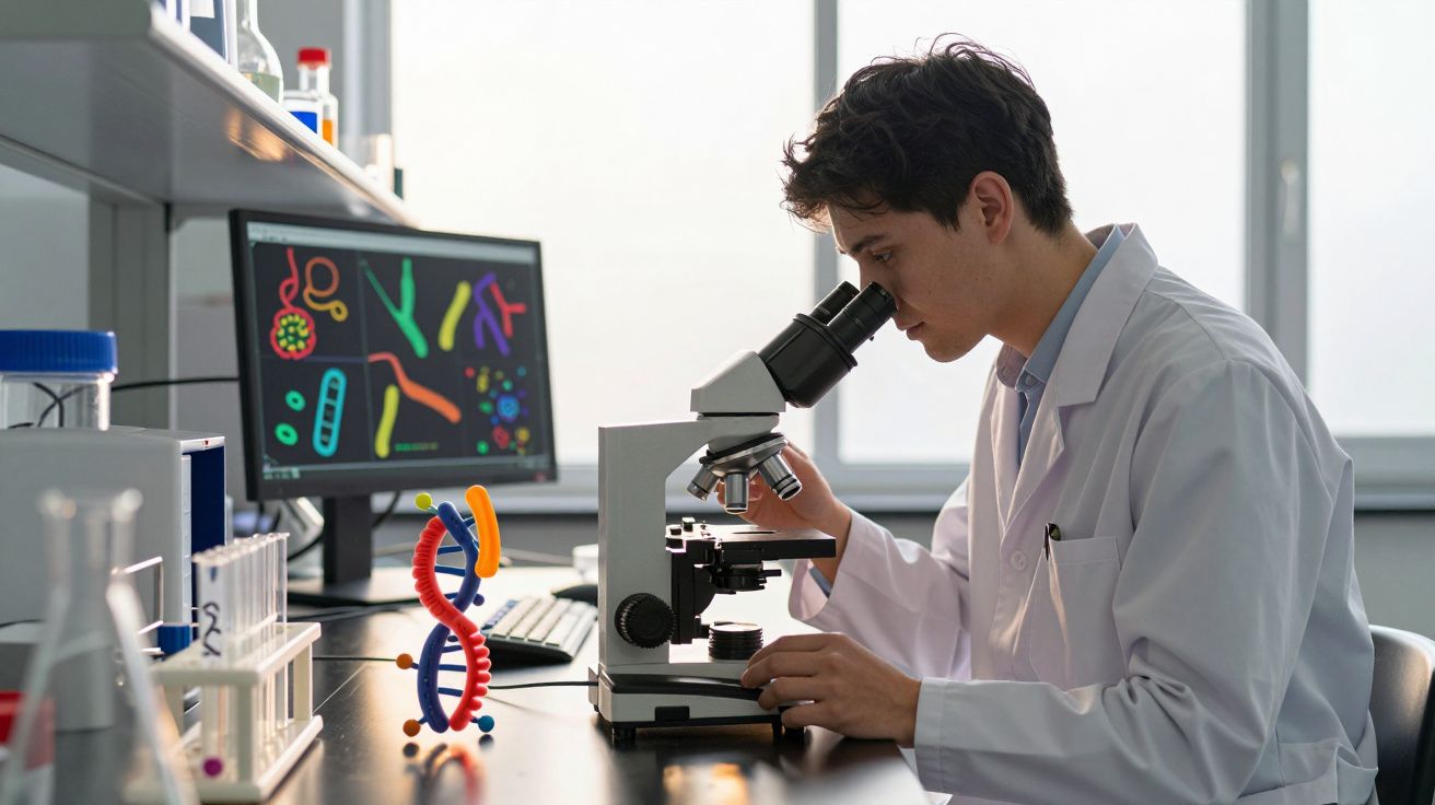 Naukowiec w laboratorium analizujący próbki pod mikroskopem, z modelem DNA i mikroskopią na monitorze.