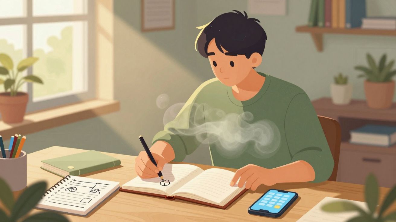 Młody człowiek rysujący symbole w notesie siedząc przy biurku w jasnym pokoju.