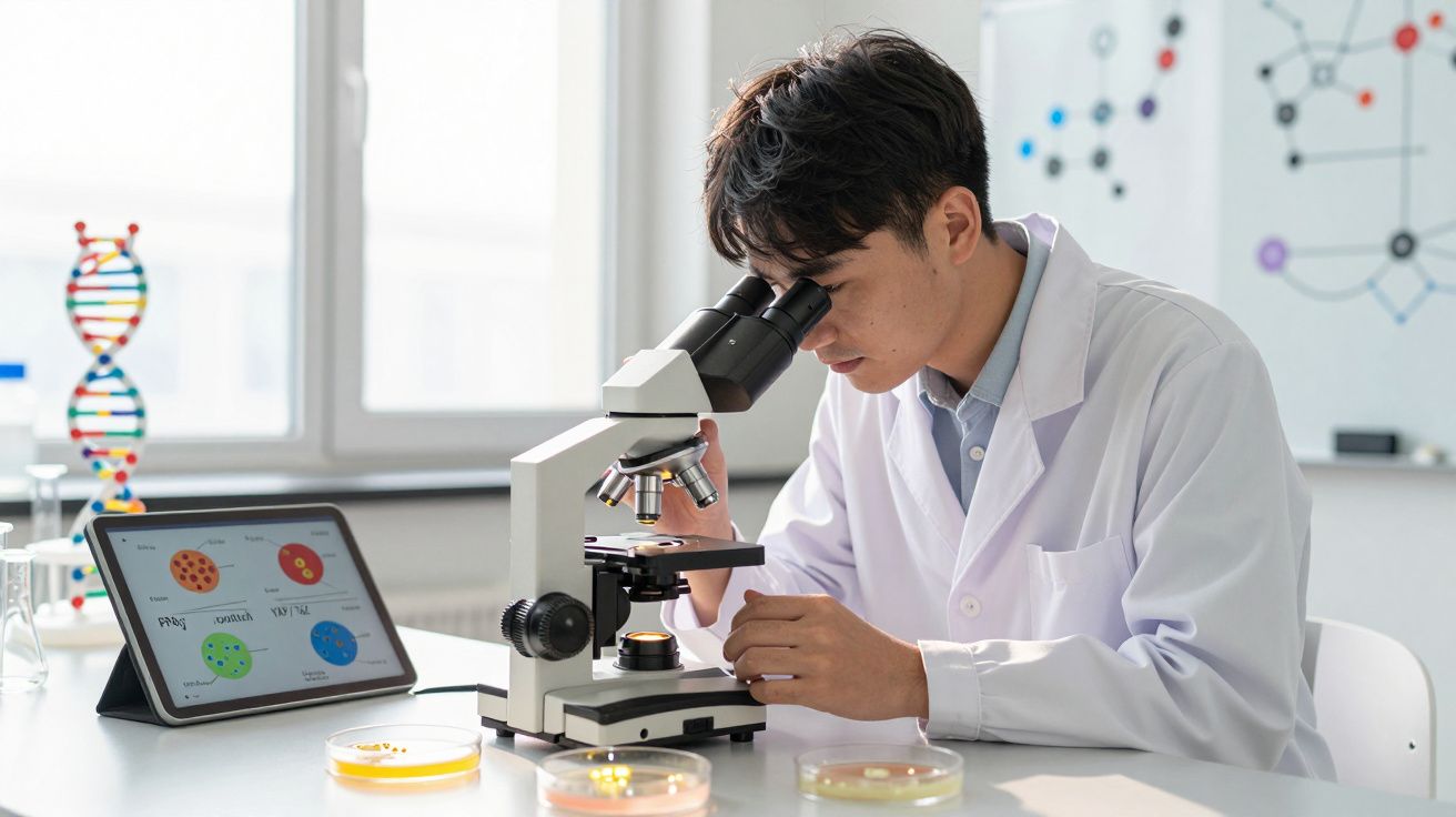 Młody naukowiec w białym fartuchu obserwuje próbki przez mikroskop w laboratorium genetycznym.