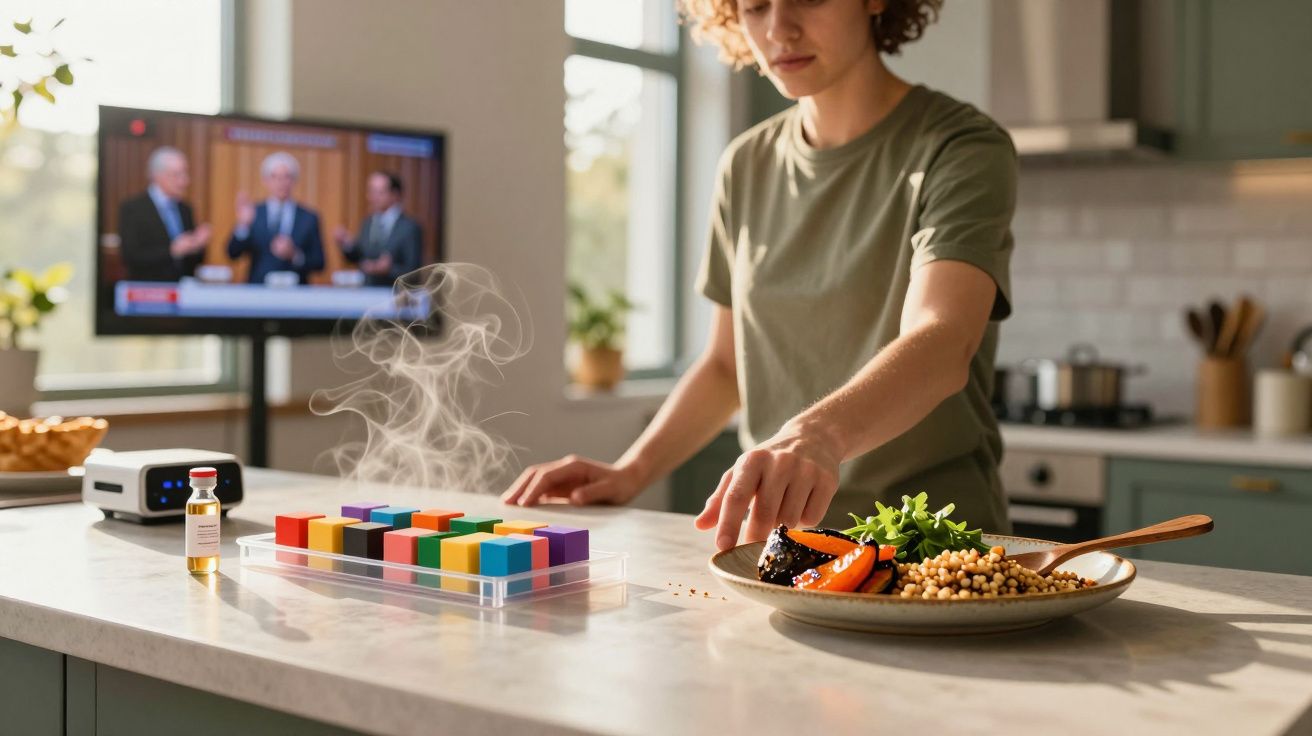 Kobieta w kuchni przy stole z kolorowymi kostkami, talerzem z jedzeniem i telewizorem w tle.