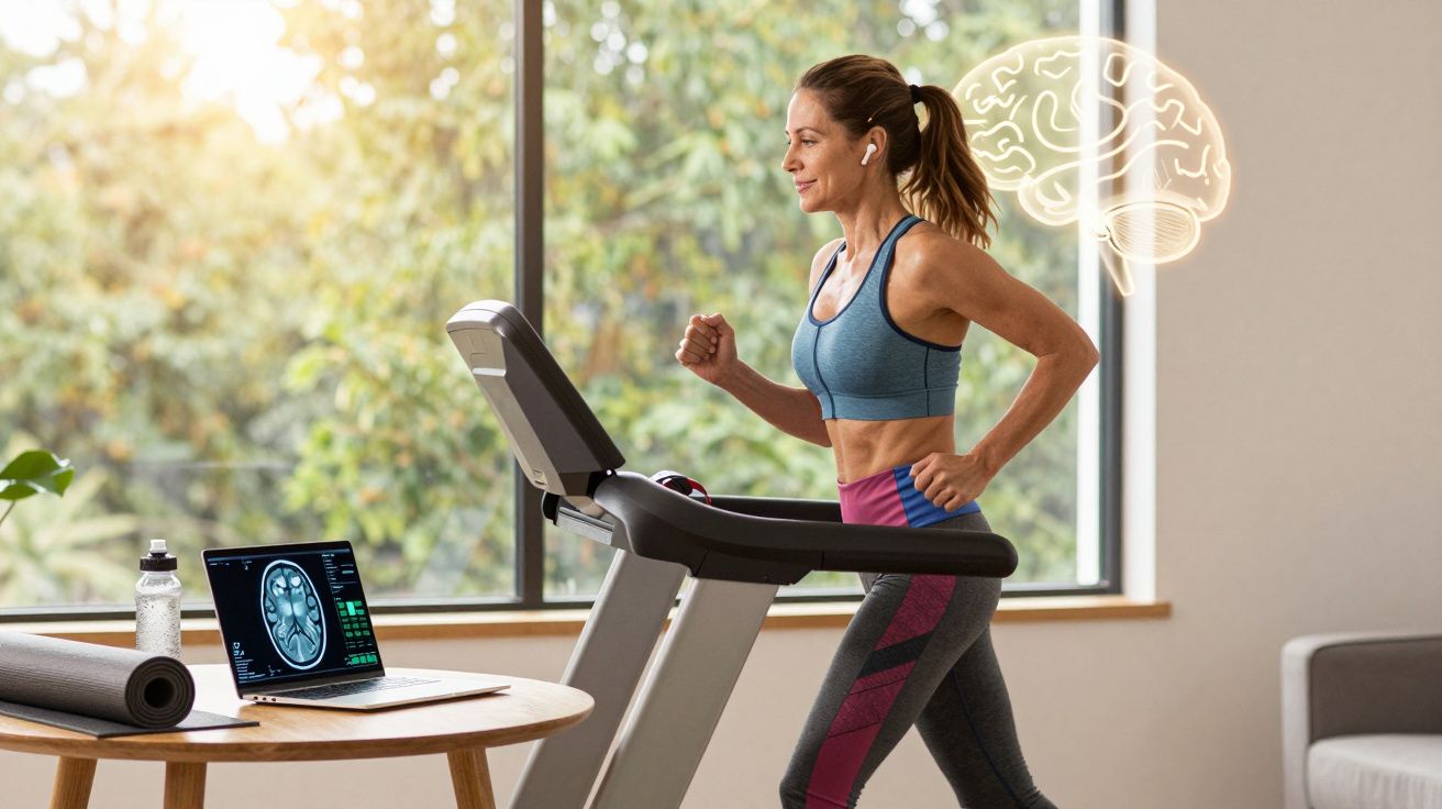 Kobieta biegnąca na bieżni w domu, obok stolik z laptopem pokazującym mózg, symbol zdrowia mózgu.