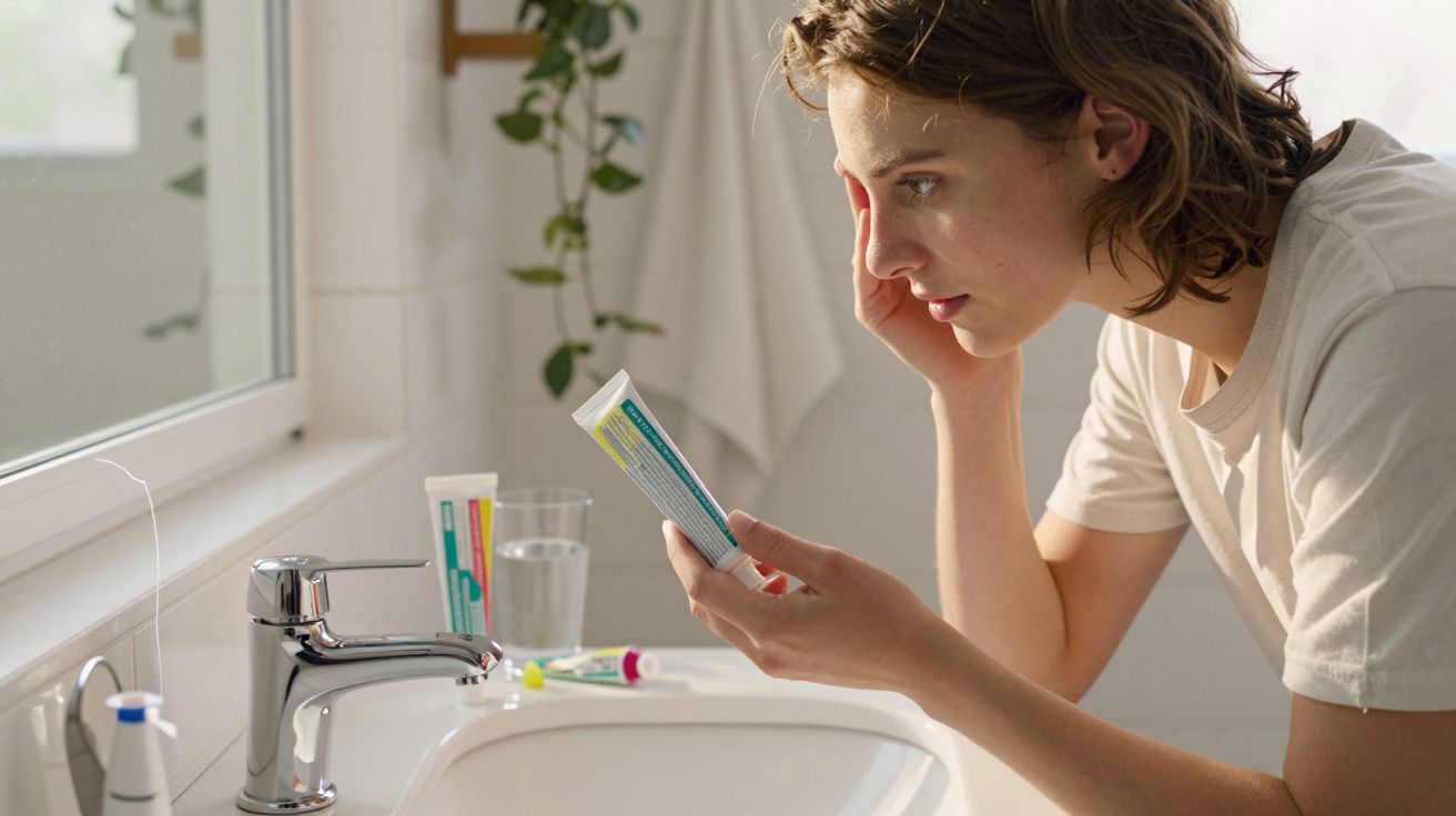 Kobieta czyta etykietę z tubki kremu stojąc w łazience przy umywalce z kranem i szklanką wody.