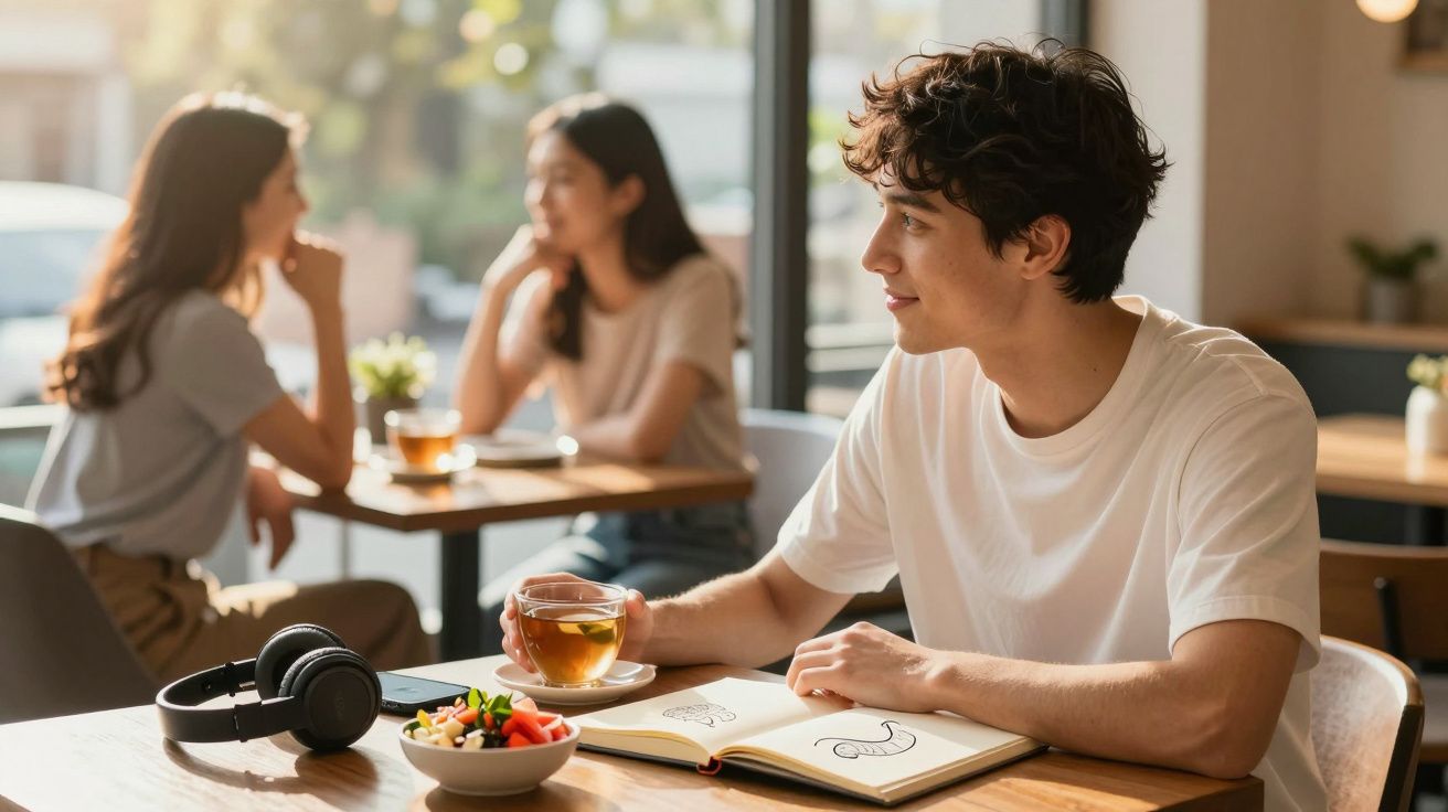 Młody mężczyzna pije herbatę, siedząc przy stole z notesem, obok są słuchawki i miska z owocami w kawiarni.