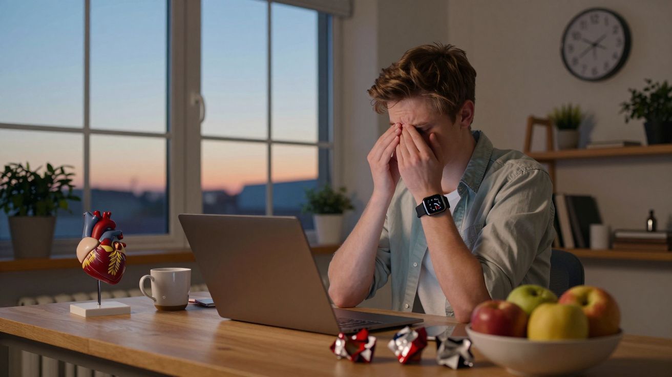 Mężczyzna siedzi przy stole z laptopem, trzyma się za oczy, wygląda na zmęczonego lub zestresowanego.