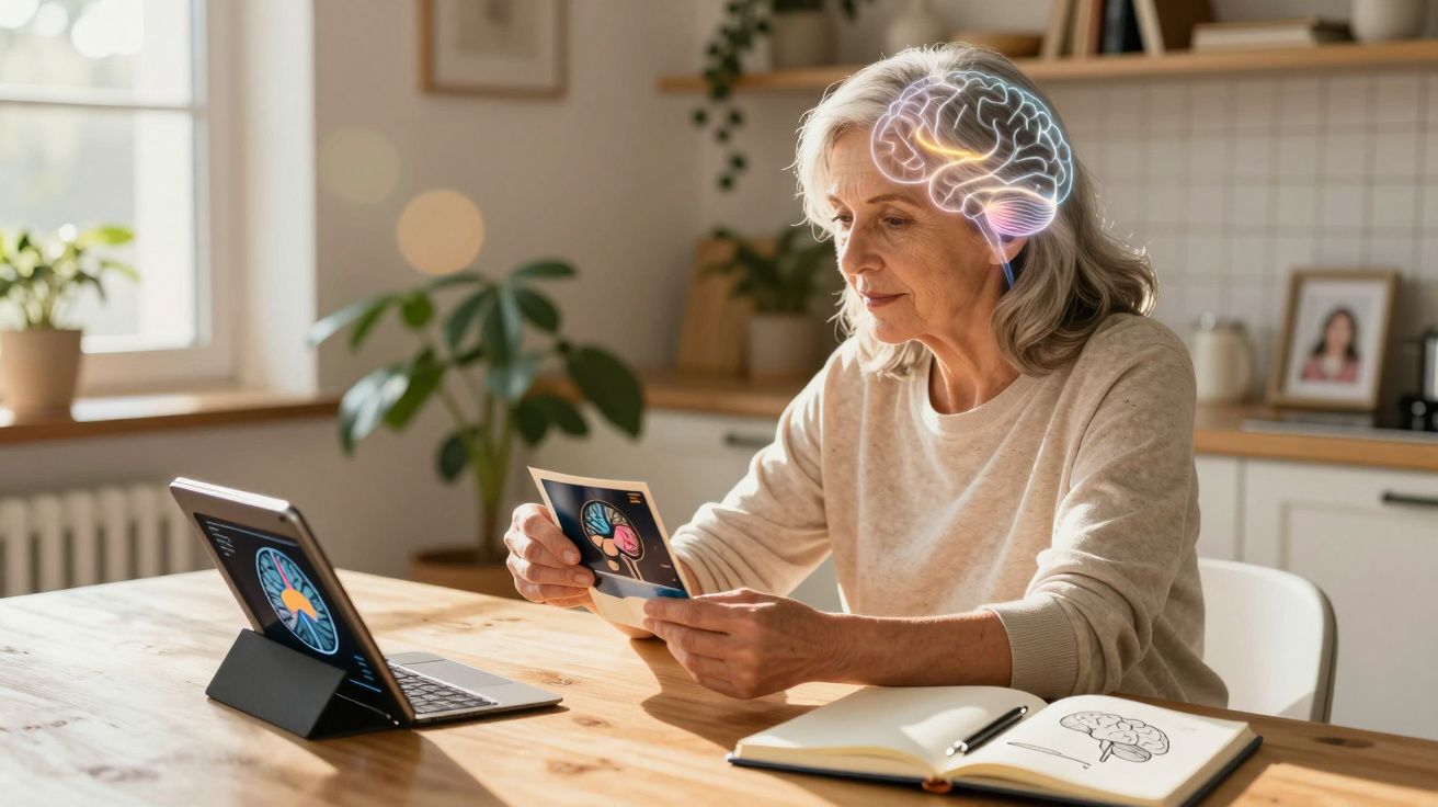 Starsza kobieta analizująca obrazy mózgu podczas nauki w domu przy stole z tabletem i notesem.
