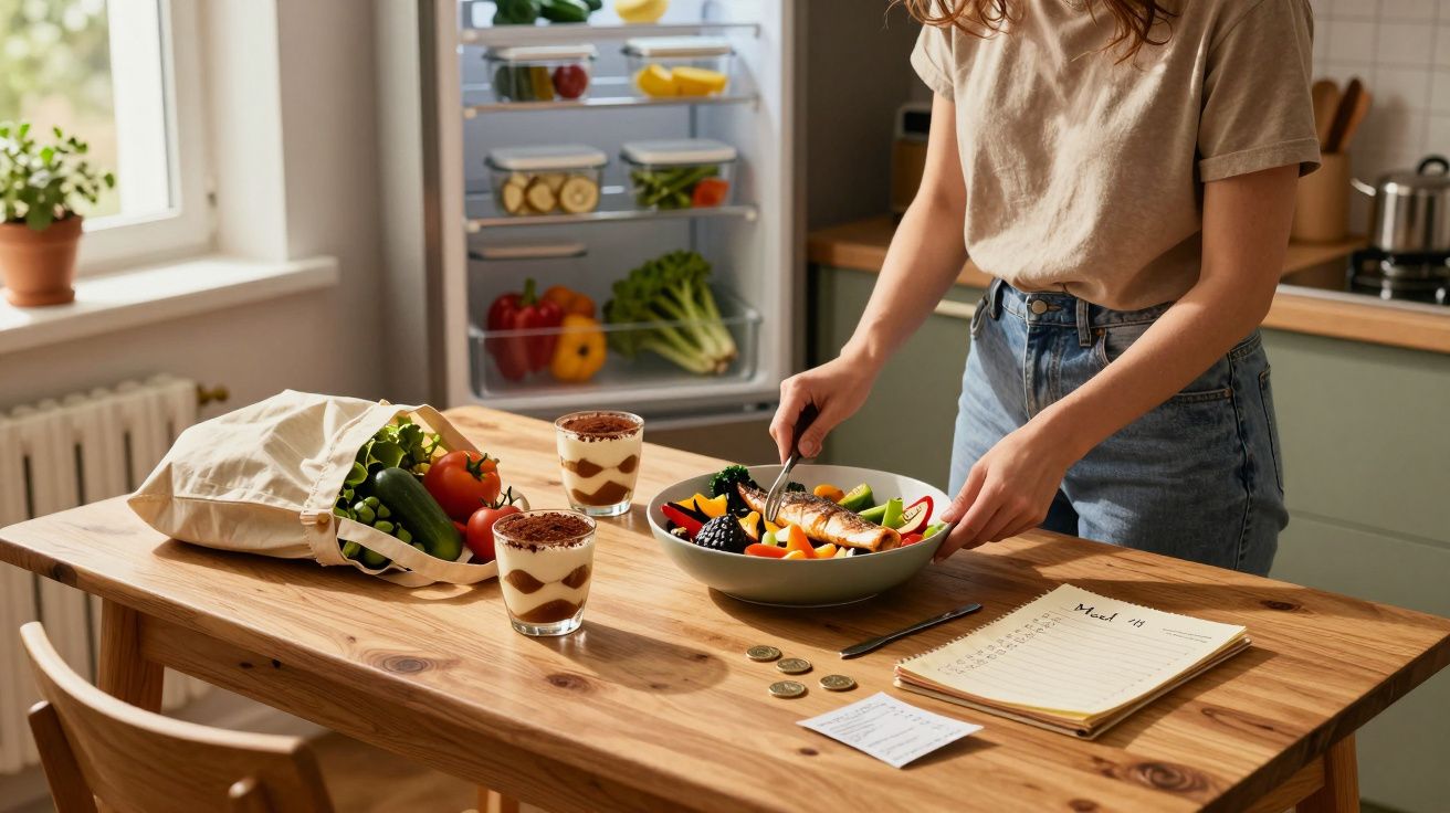 Kobieta przygotowująca zdrowy posiłek przy stole kuchennym z warzywami i deserami w szklankach.