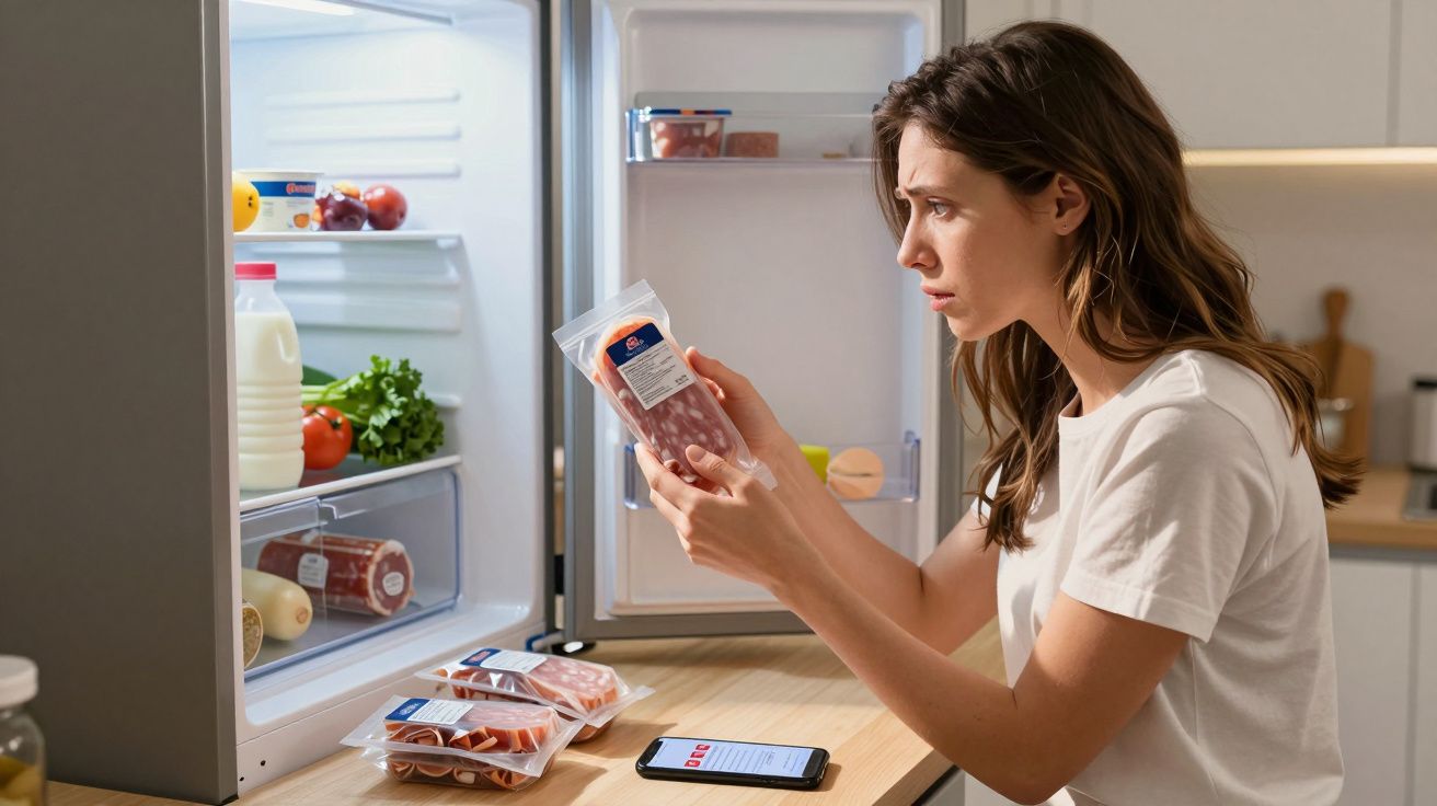 Kobieta sprawdza datę ważności wędliny stojąc przy otwartej lodówce w kuchni.