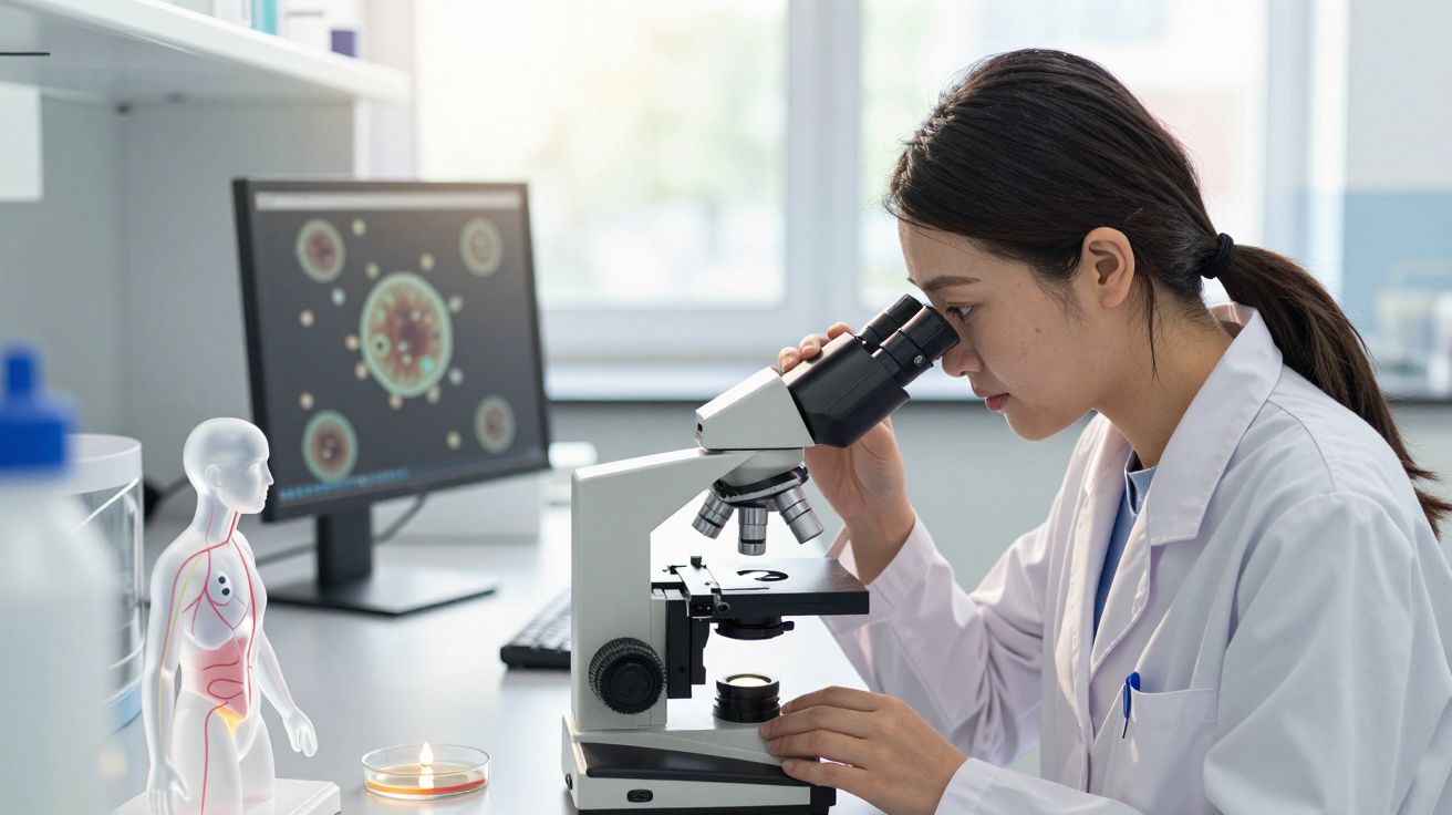 Kobieta naukowiec w białym fartuchu bada próbkę przez mikroskop w laboratorium z monitorem w tle.