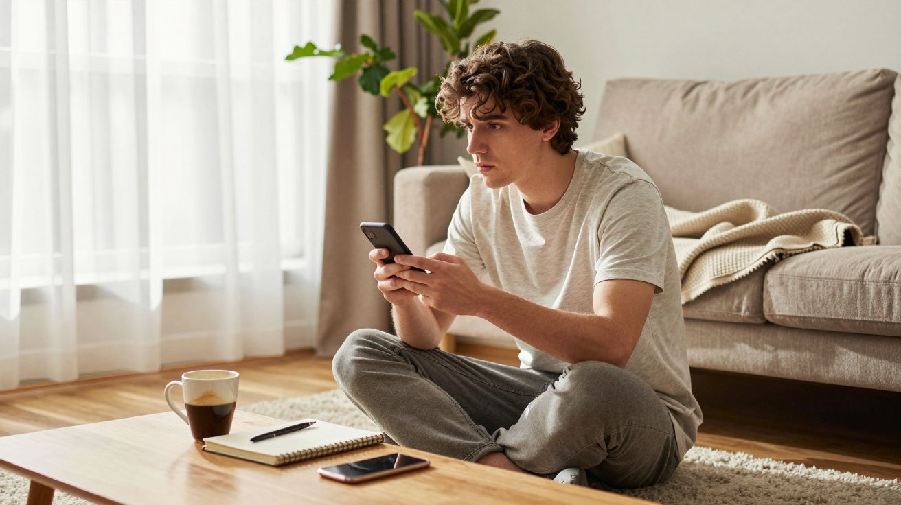 Młody mężczyzna siedzi na podłodze w salonie, trzyma telefon, obok notatnik i kawa na stoliku.