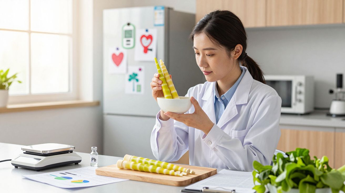 Kobieta naukowiec badająca bambusowe pędy w laboratorium kuchennym z wyposażeniem i roślinami.