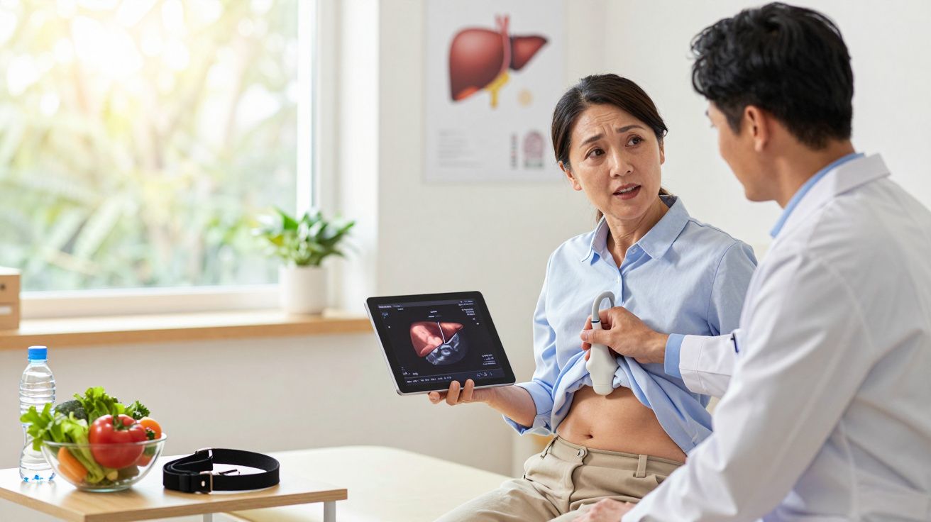 Lekarz wykonujący pacjentce badanie ultrasonograficzne wątroby na tablecie w gabinecie lekarskim.