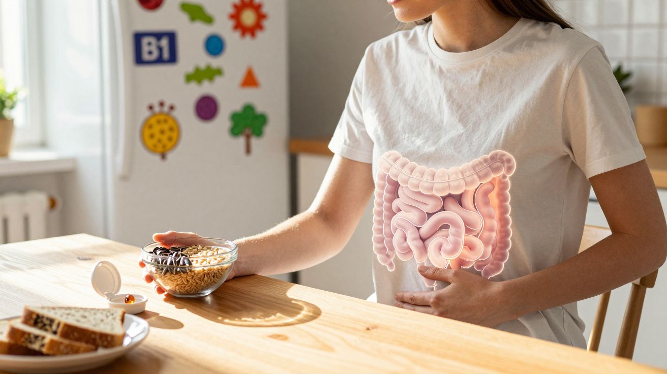 Kobieta trzyma naczynie z jedzeniem wspierającym zdrowie jelit, trzymając się za brzuch przy stole.