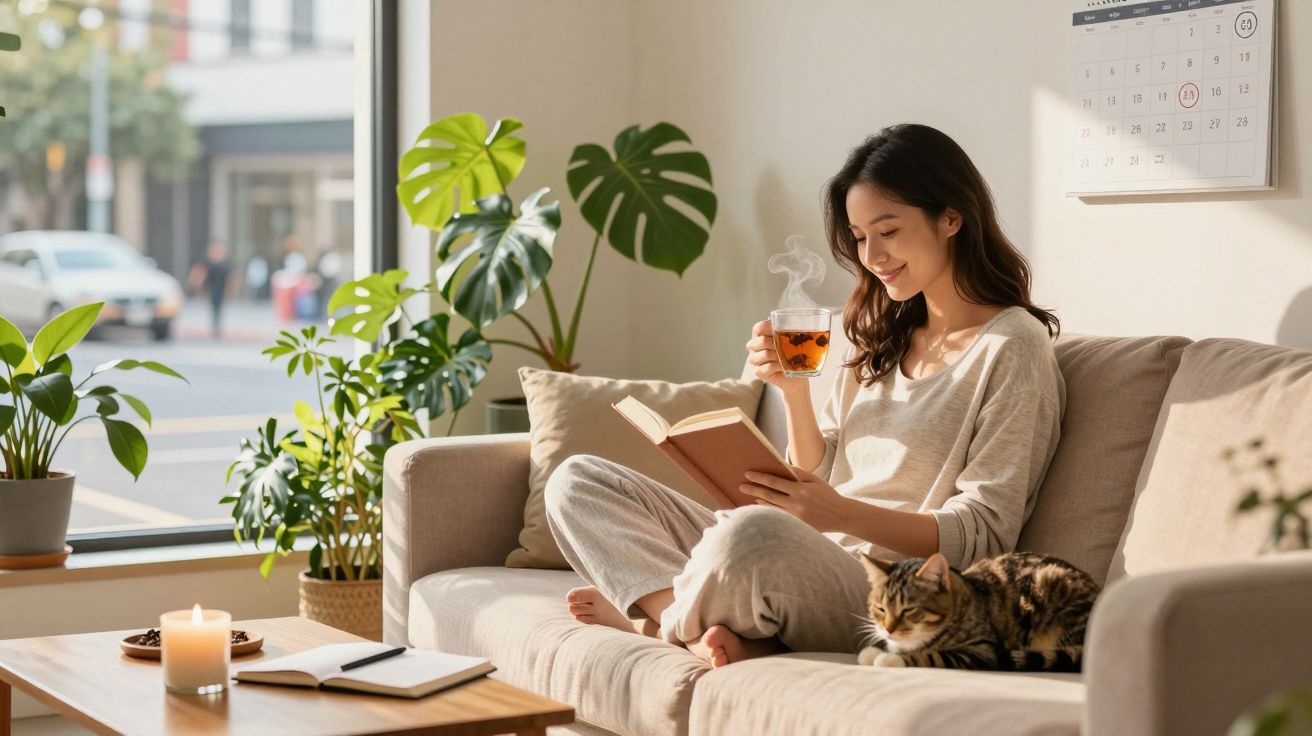 Kobieta czytająca książkę na kanapie, pijąca herbatę, obok śpi kot, w tle rośliny i kalendarz.