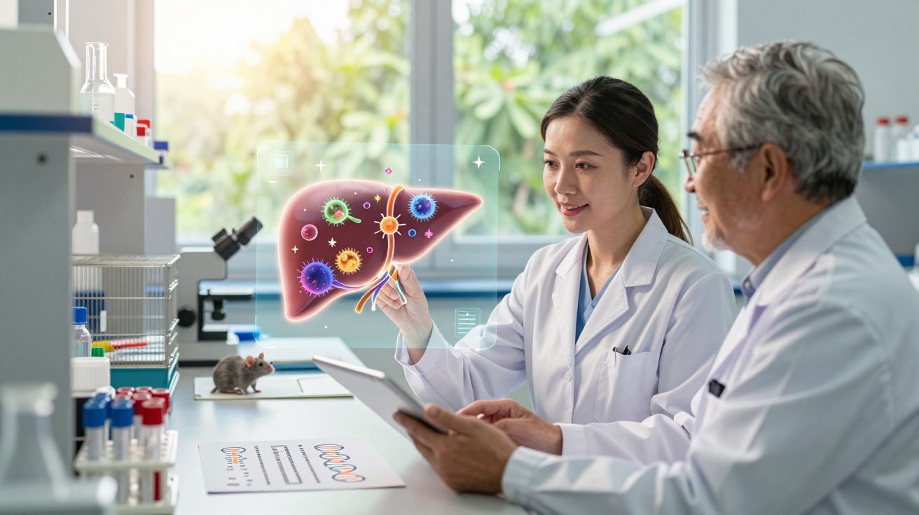 Dwóch naukowców w laboratorium analizuje holograficzny model wątroby z wirusami i bakteriami.