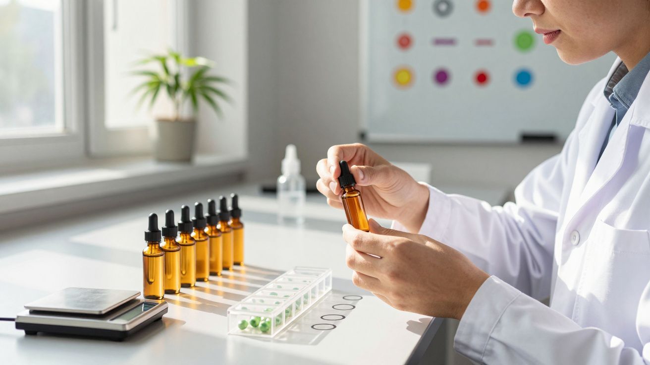 Osoba w białym fartuchu badająca próbkę płynu w laboratorium z kilkoma fiolkami i wagą na stole.