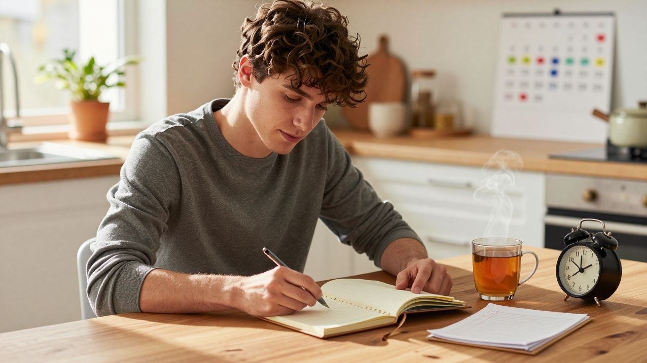 Młody mężczyzna pisze w notatniku przy stole, obok stoi parująca herbata i czarny budzik.
