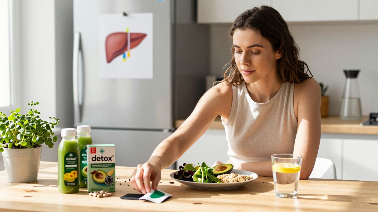 Kobieta przy stole z zdrowym jedzeniem i napojami detox w jasnej kuchni.