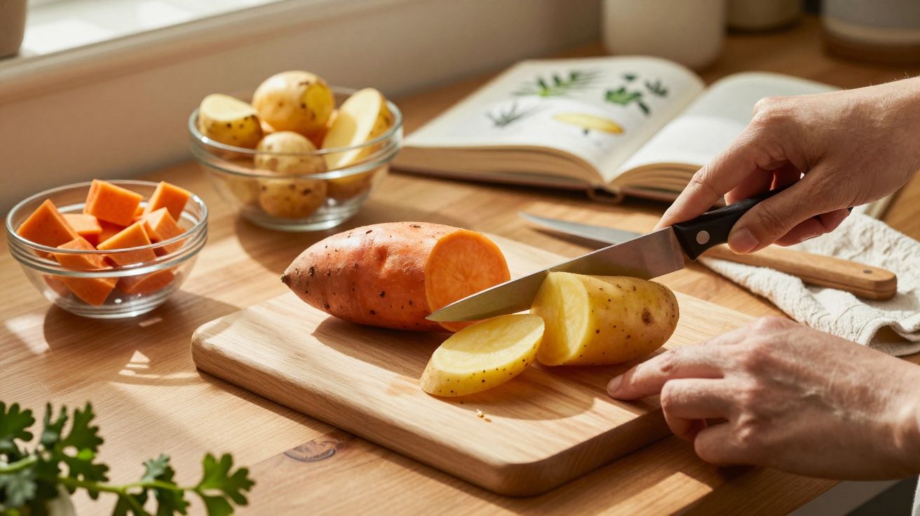 Ręce kroją ziemniaka i batata na drewnianej desce w jasnej kuchni z książką kucharską w tle.