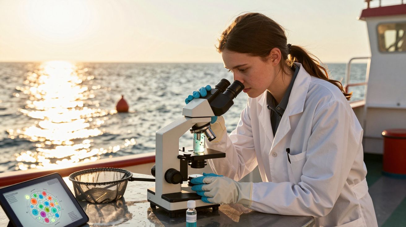 Kobieta naukowiec w białym fartuchu bada próbkę pod mikroskopem na pokładzie statku o zachodzie słońca.