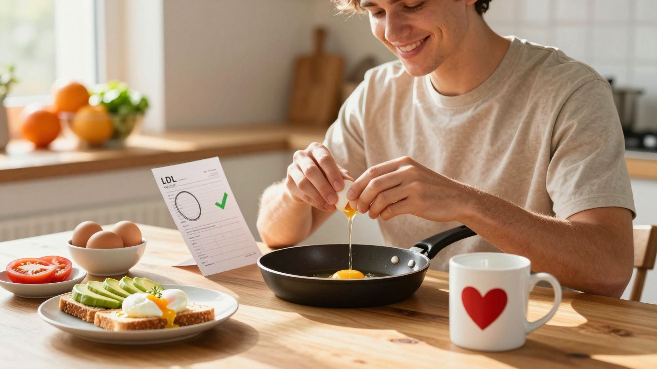 Młody mężczyzna w kuchni rozbija jajko do patelni, obok talerz z jedzeniem i kubek z sercem.