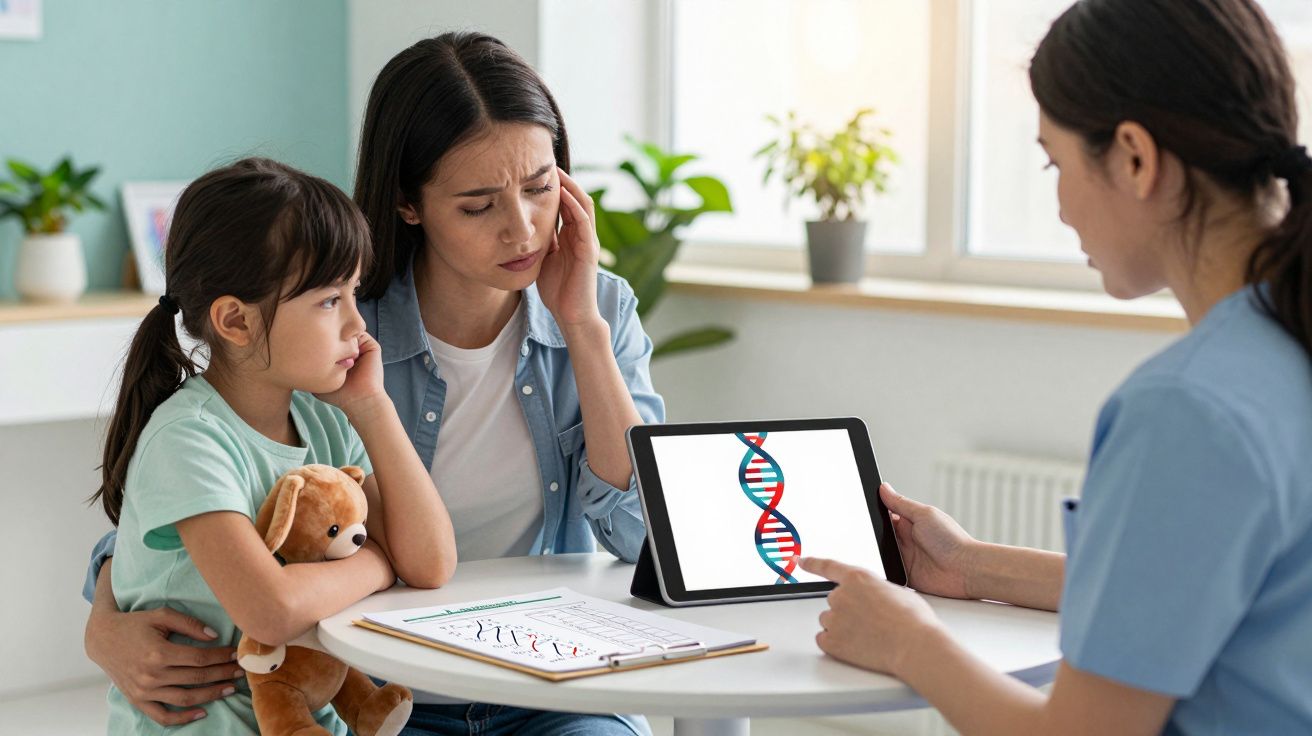 Lekarka wyjaśnia kobiecie i dziecku na tablecie obraz DNA podczas konsultacji medycznej.