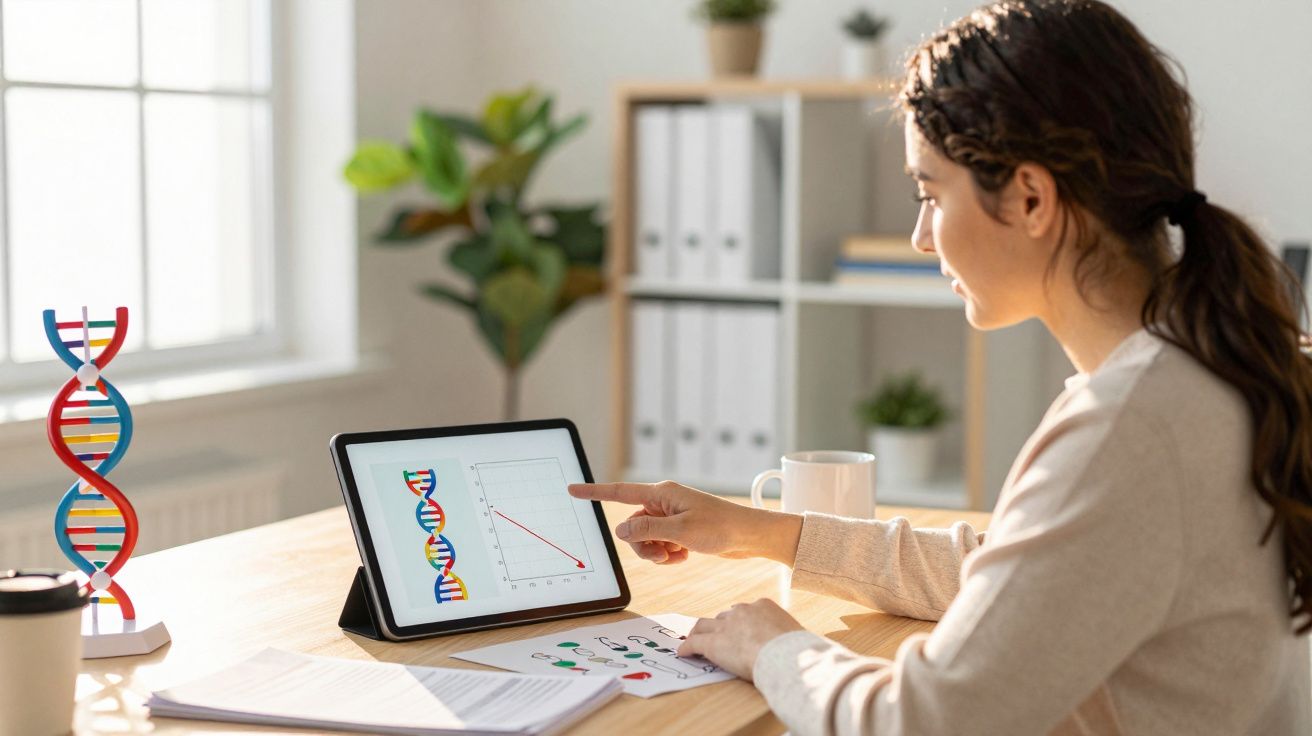 Kobieta analizująca na tablecie wykres i kolorowy model DNA na biurku w jasnym gabinecie.