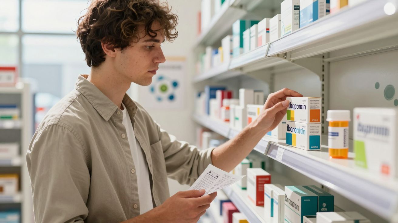 Młody mężczyzna wybierający lek z półki w aptece trzymając ulotkę w ręku.