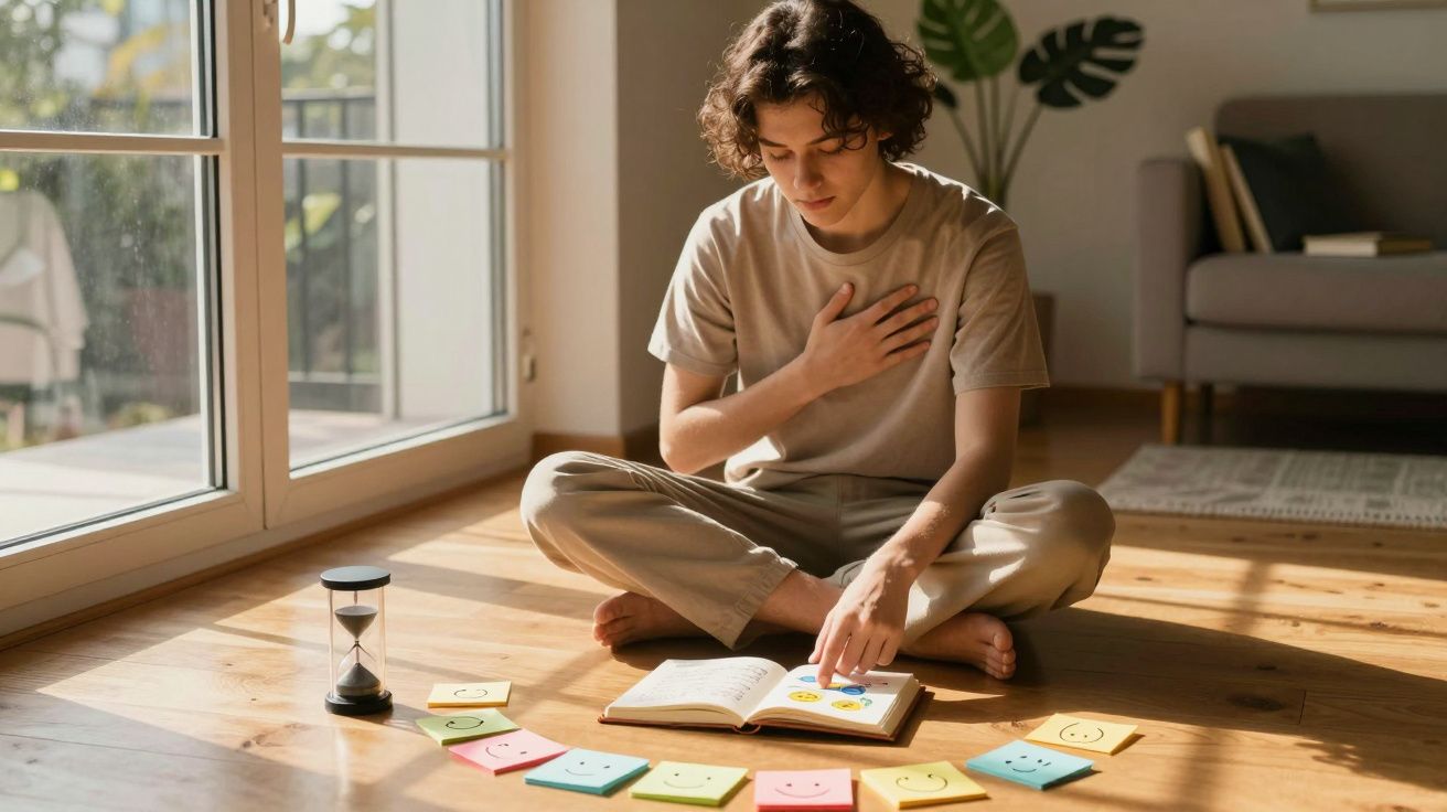 Młoda osoba medytuje na podłodze, otoczona kartkami z emotikonami, trzyma rękę na sercu.