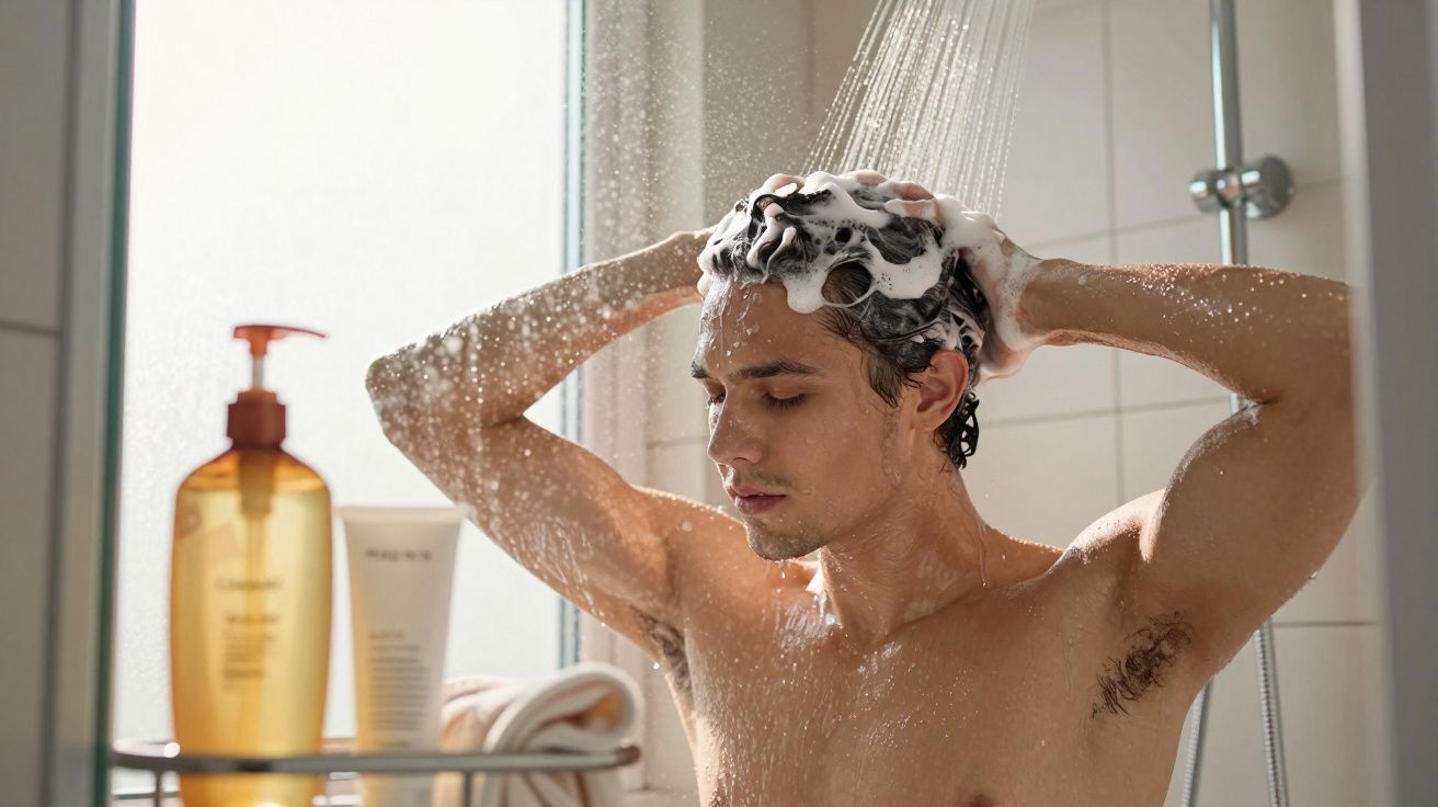 Mężczyzna myje włosy pod prysznicem, masując je pianą z szamponu.