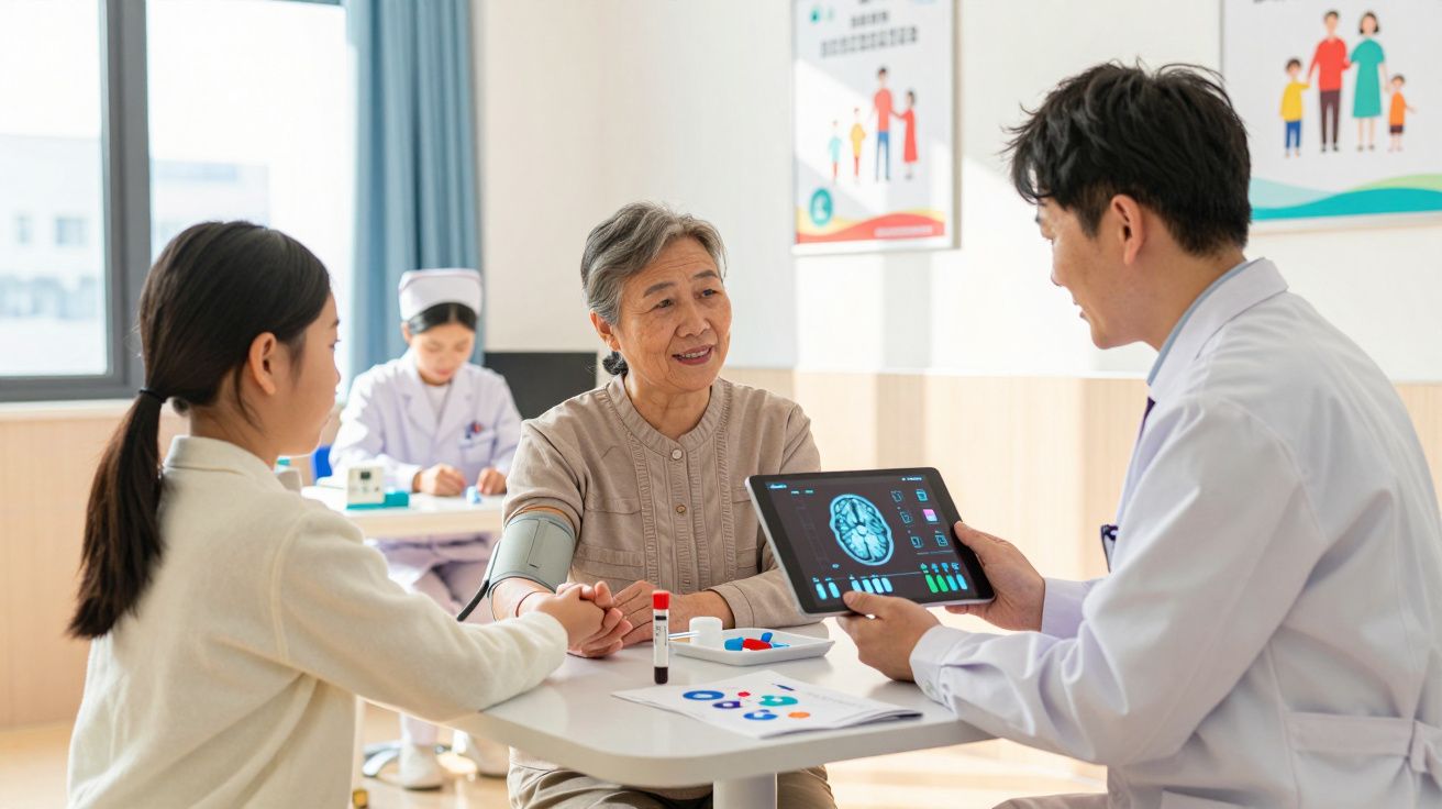 Starsza kobieta podczas konsultacji lekarskiej z lekarzem pokazującym badania na tablecie, towarzyszy jej młoda kobieta.