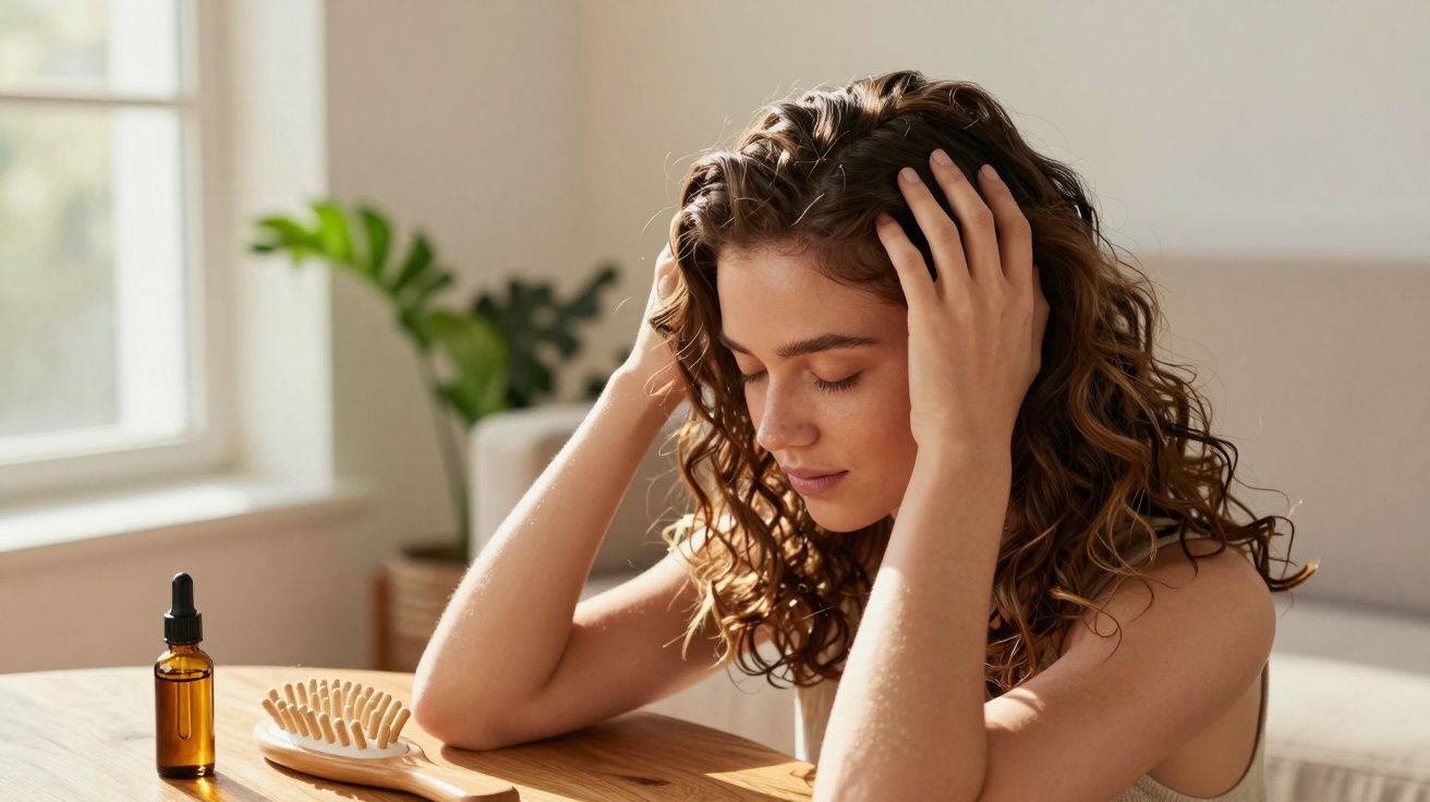 Kobieta z kręconymi włosami, dotykająca głowy, obok olejek i szczotka na drewnianym stole przy oknie.