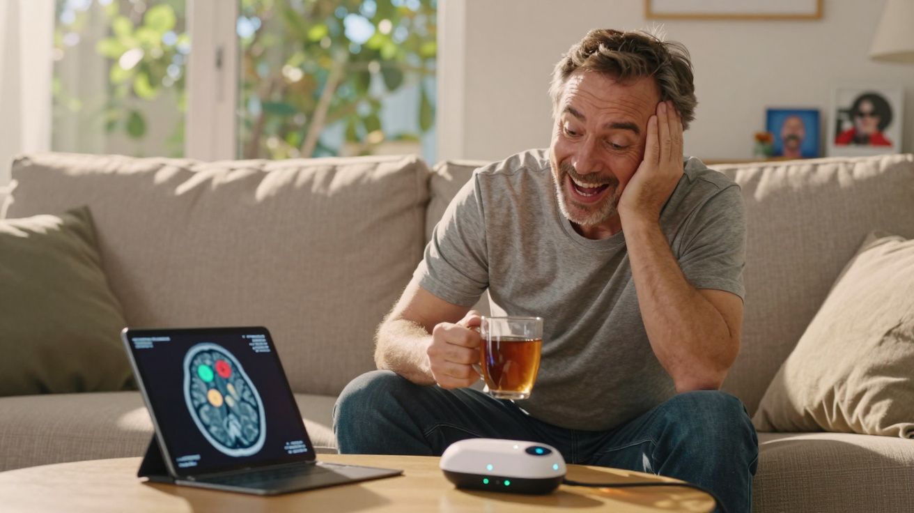 Mężczyzna z kubkiem herbaty siedzi na kanapie i ogląda obraz mózgu na tablecie na stole.