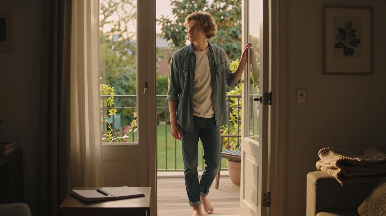 Młody mężczyzna stoi na progu balkonu, trzymając otwarte drzwi, patrząc na zewnątrz w domu.