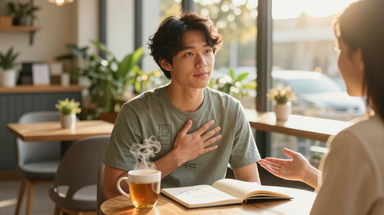 Młody mężczyzna słucha rozmówczyni przy stole w kawiarni, obok parująca herbata i notes.