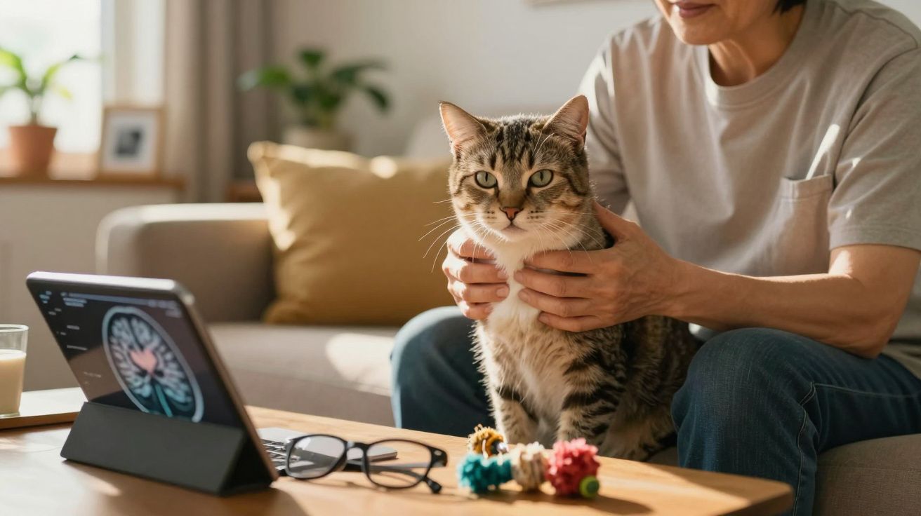 Kobieta głaszcze siedzącego na stole kota obok tabletu z obrazem mózgu i okularów.
