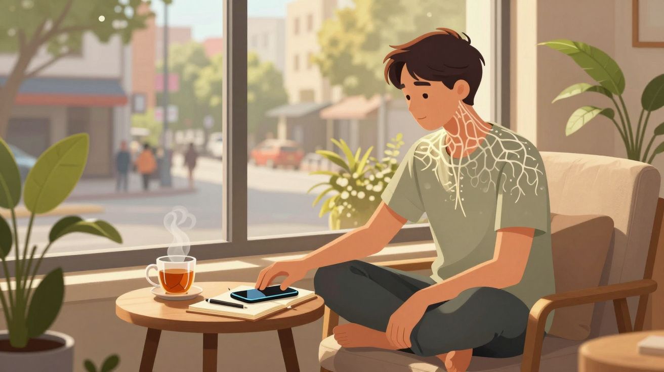 Młody mężczyzna siedzi na fotelu przy stoliku z herbatą, trzymając smartfon, wokół rośliny.