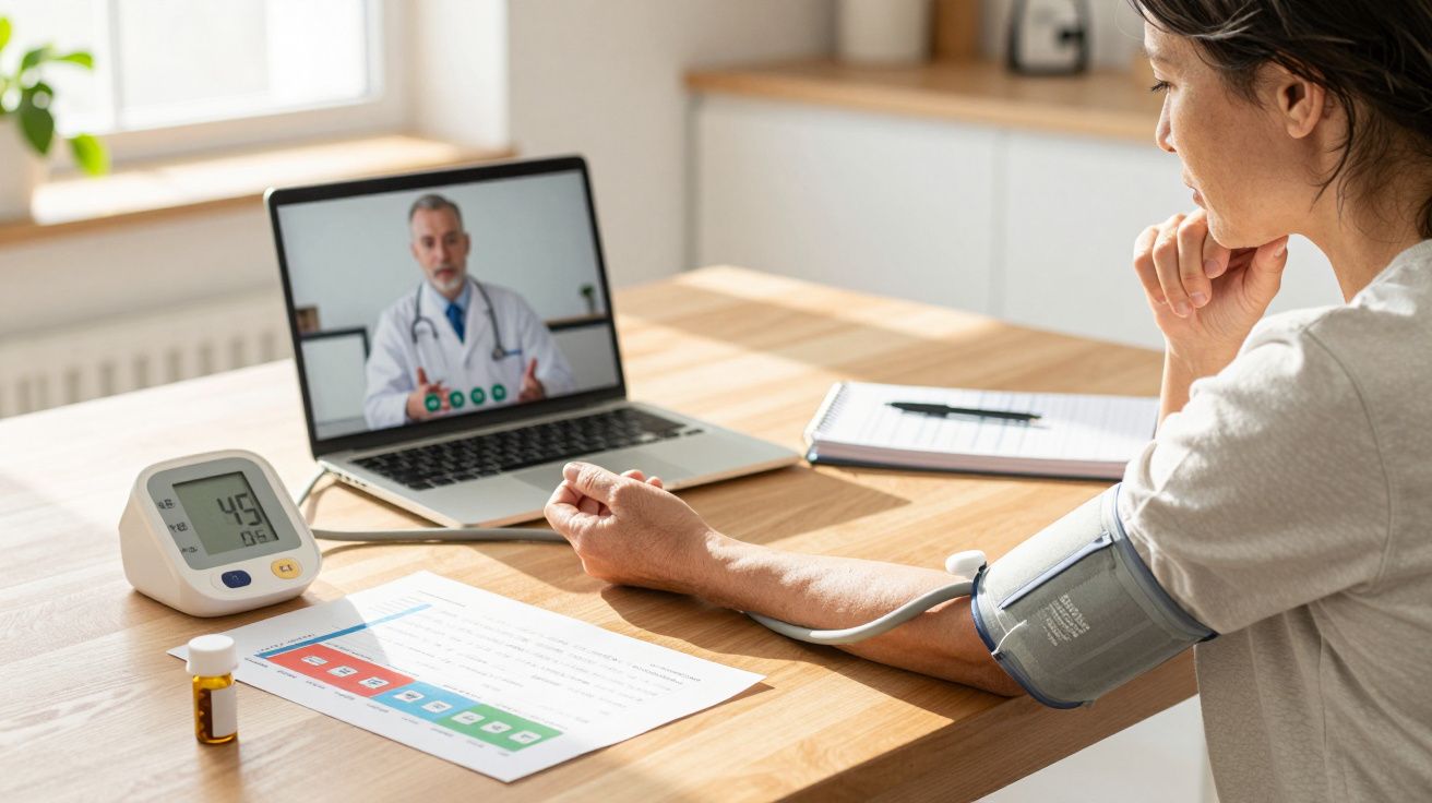 Kobieta mierząca ciśnienie podczas telekonsultacji z lekarzem na laptopie przy drewnianym stole.