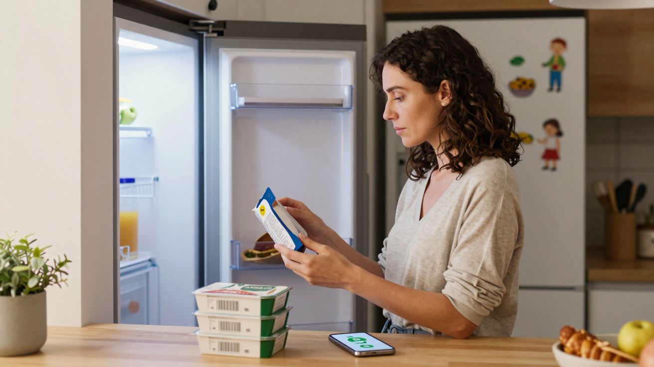 Kobieta sprawdzająca skład produktu spożywczego stojąc przy otwartej lodówce w kuchni.