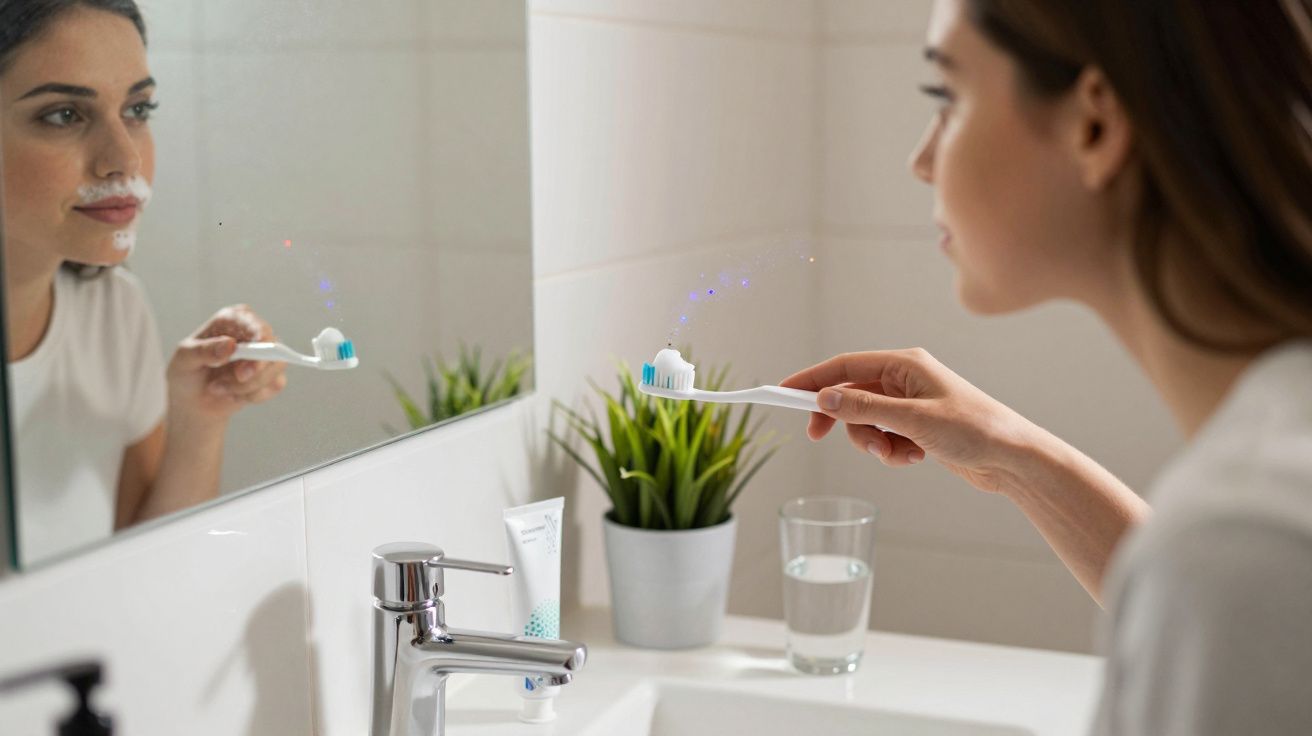 Kobieta w łazience przed lustrem z pastą do zębów na szczoteczce i pianą na twarzy.