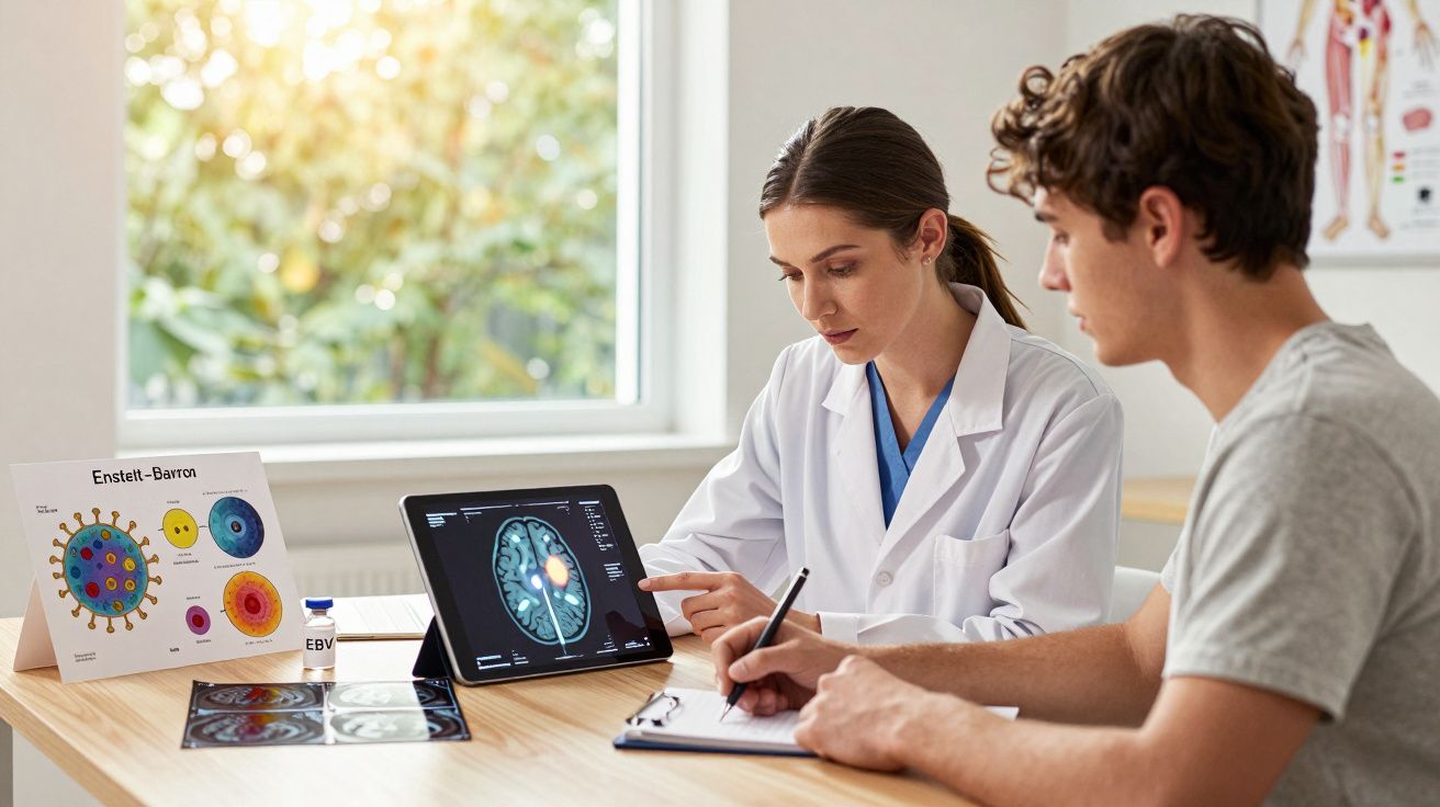 Lekarka pokazuje młodemu mężczyźnie na tablecie obraz mózgu podczas konsultacji medycznej w gabinecie.