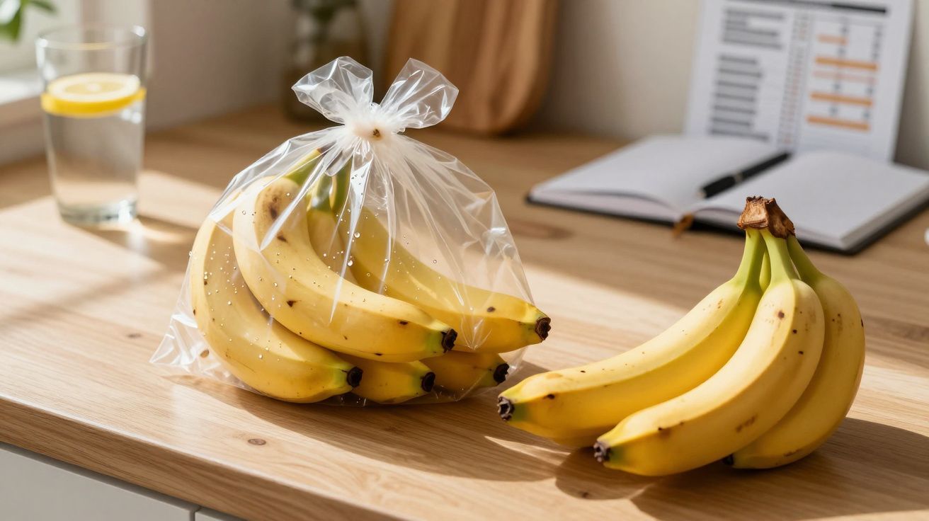 Dwie kiście dojrzałych bananów na drewnianym blacie, jedna w plastikowej torbie.