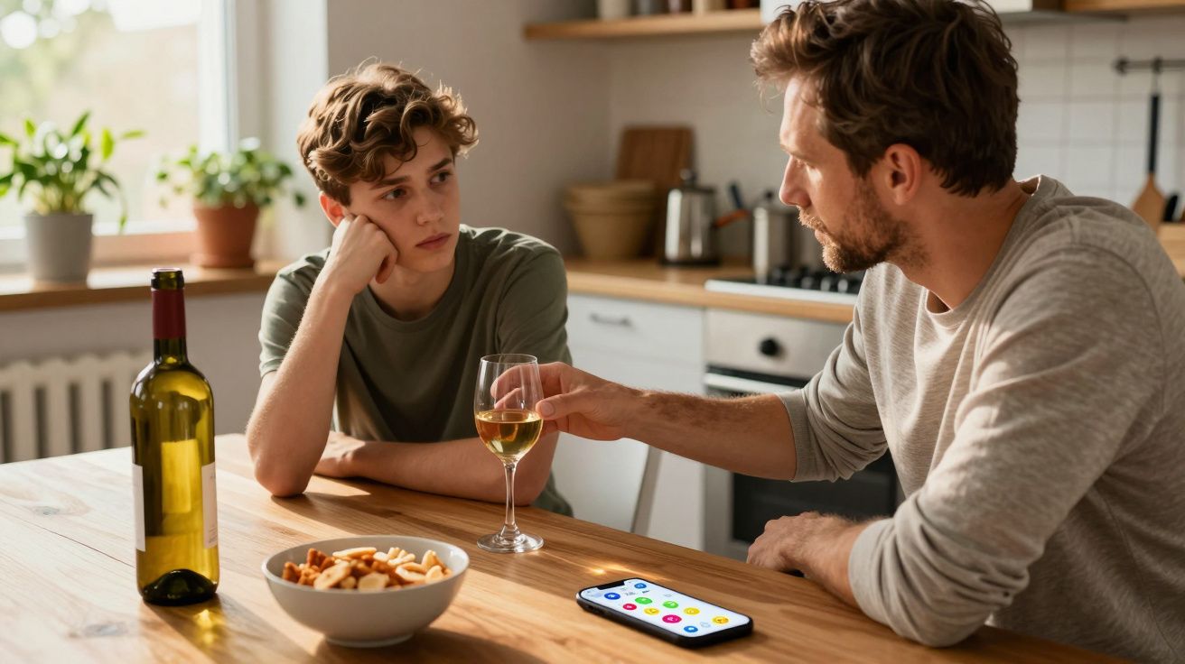 Mężczyzna częstuje młodą osobę kieliszkiem białego wina przy kuchennym stole, oboje wyglądają na poważnych.