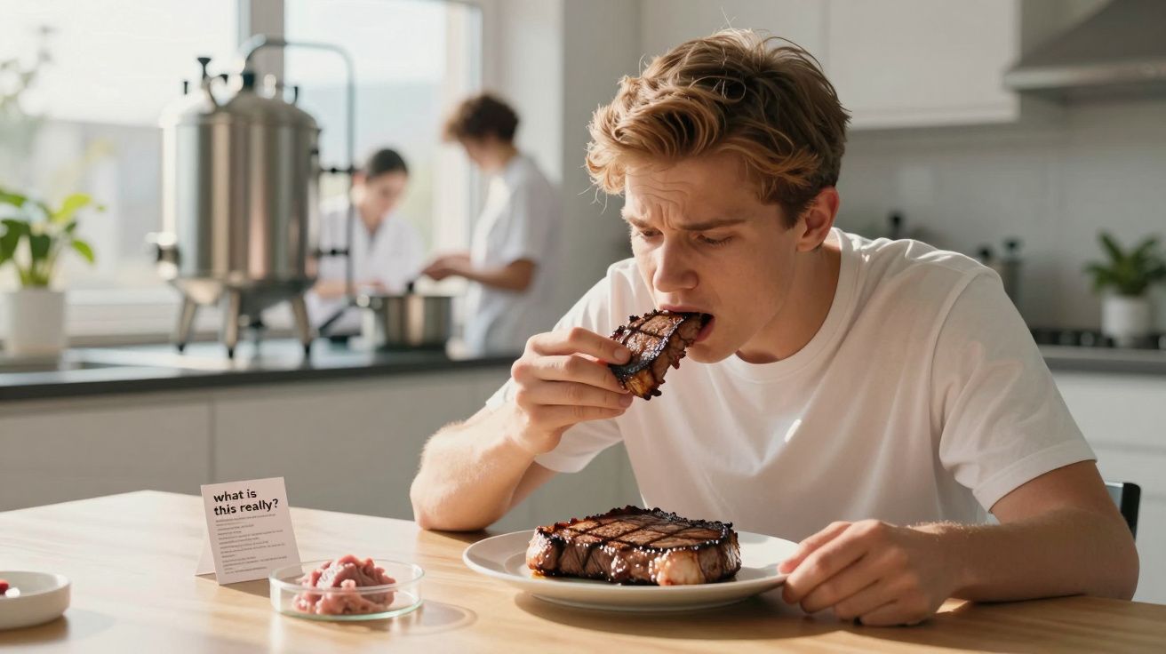 Mężczyzna w białej koszulce je stek pokryty sosem czekoladowym przy stole w jasnej kuchni.