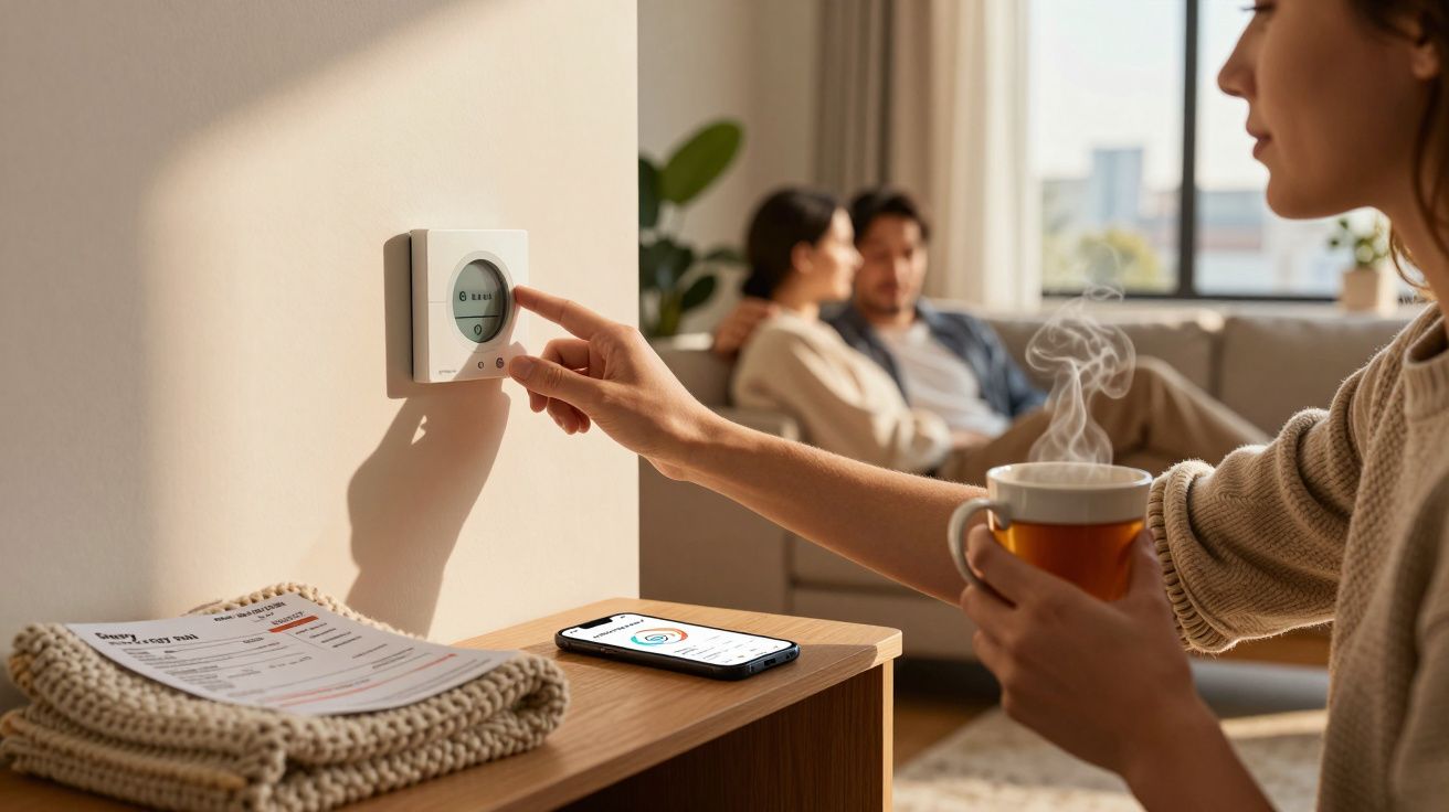 Osoba regulująca termostat na ścianie, trzymająca kubek gorącego napoju, w tle para siedząca na kanapie.