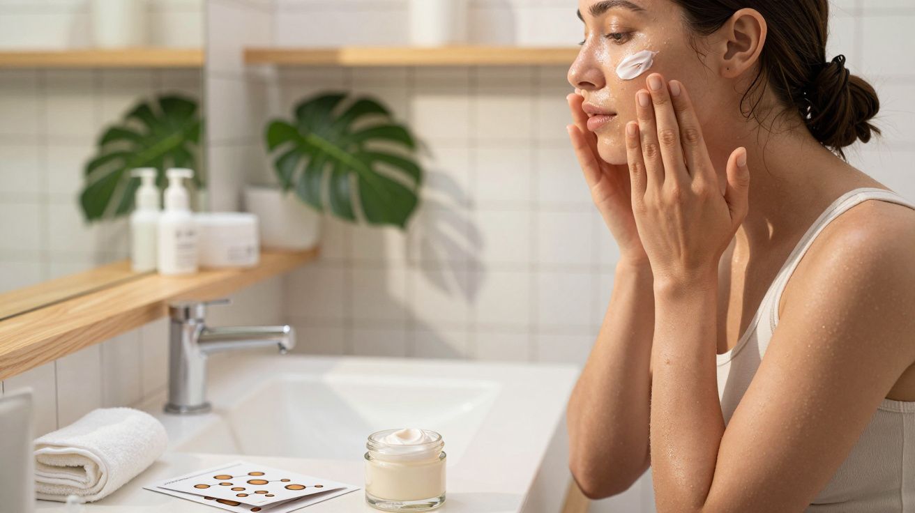 Kobieta nakłada krem na twarz w łazience przy umywalce z lustrem i rośliną w tle.